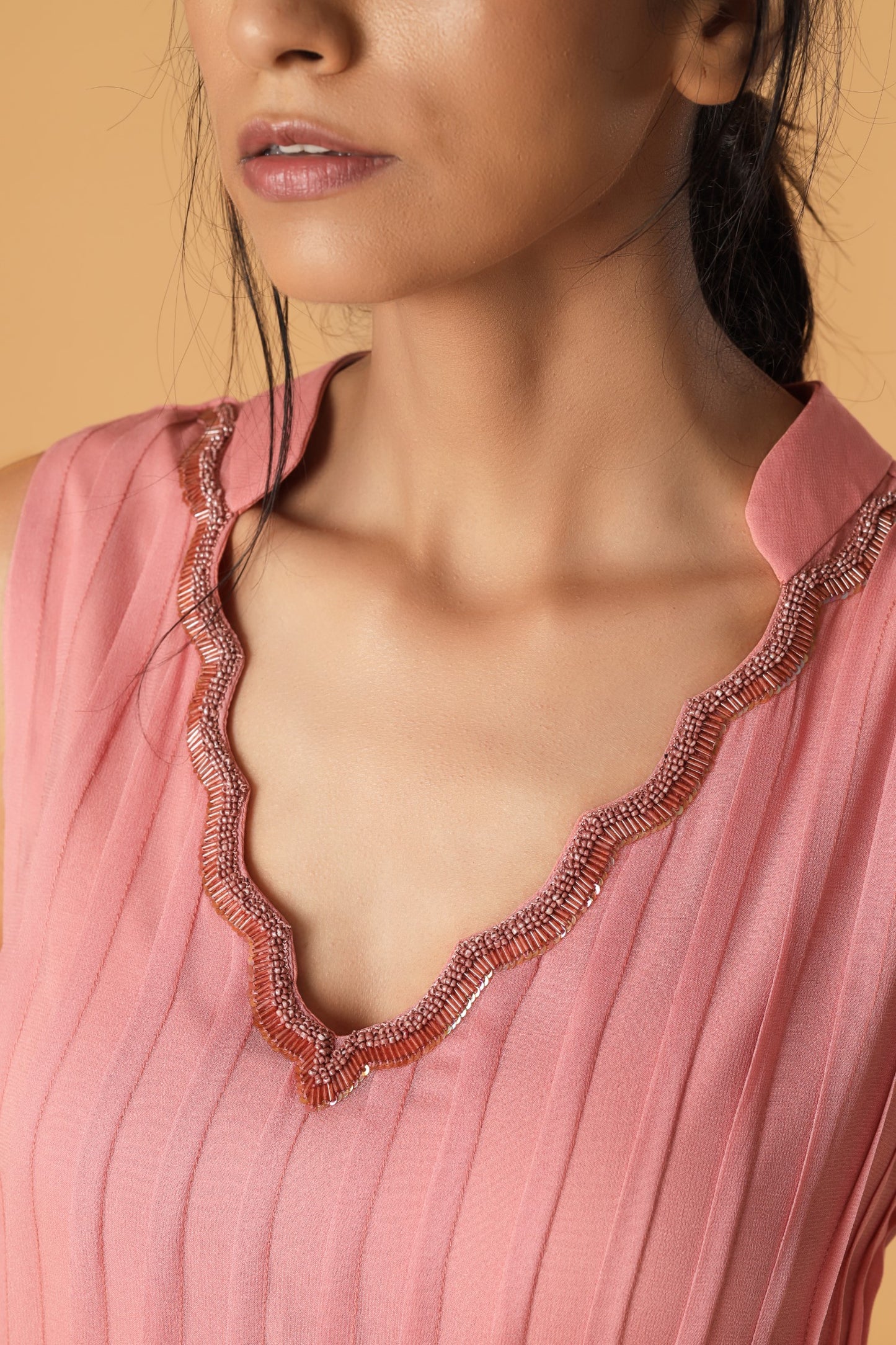Hand Embroidered Neckline Pastel Pink Pleated Kurta