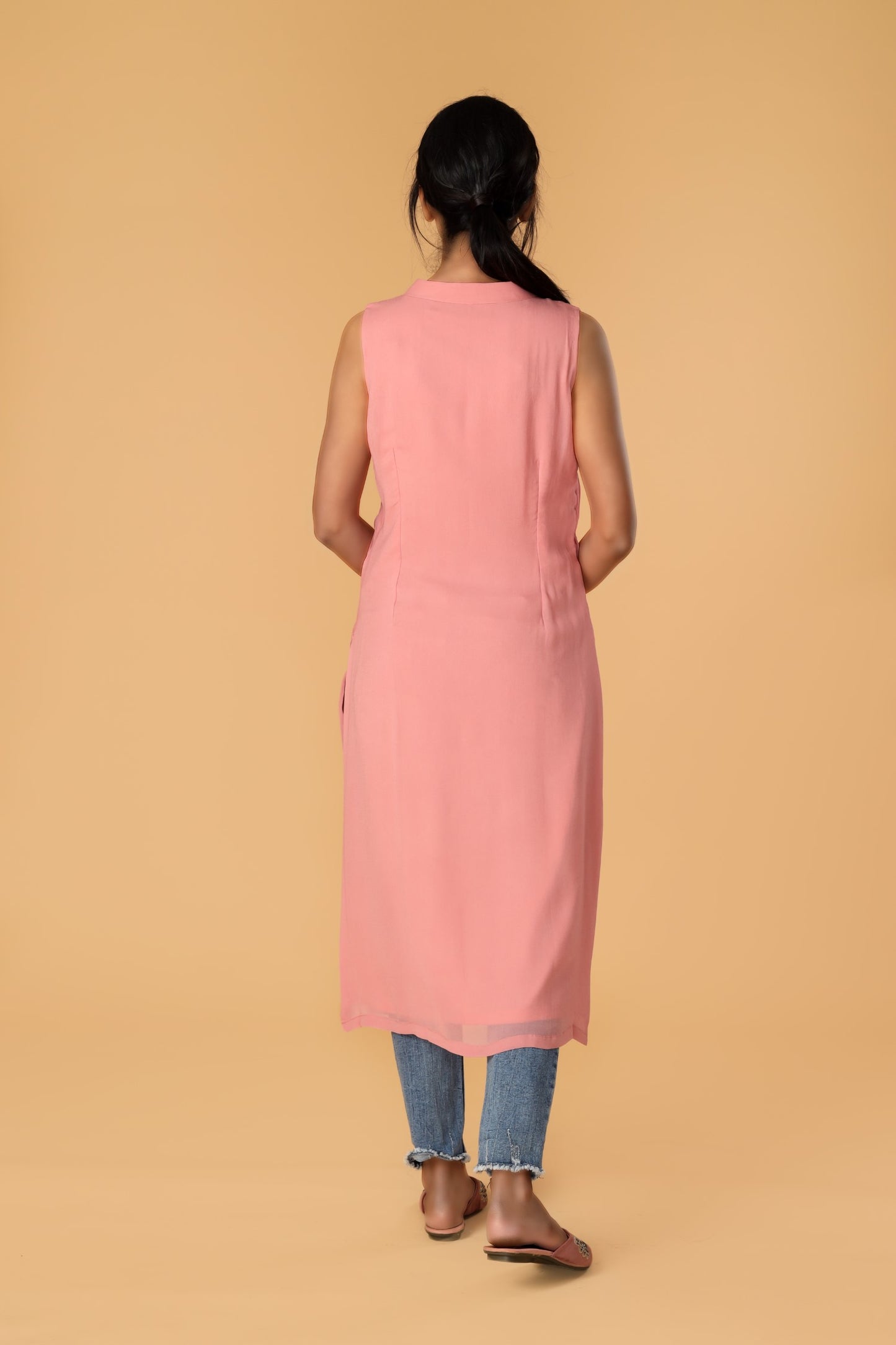 Hand Embroidered Neckline Pastel Pink Pleated Kurta