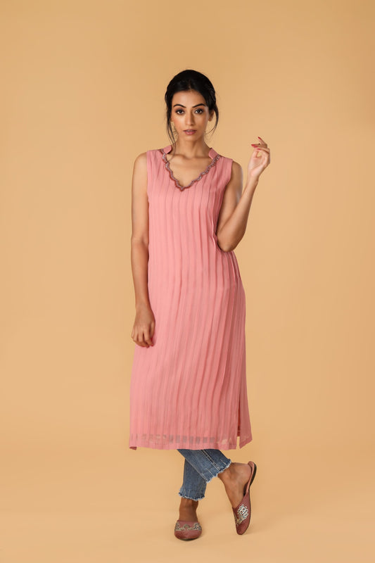 Hand Embroidered Neckline Pastel Pink Pleated Kurta