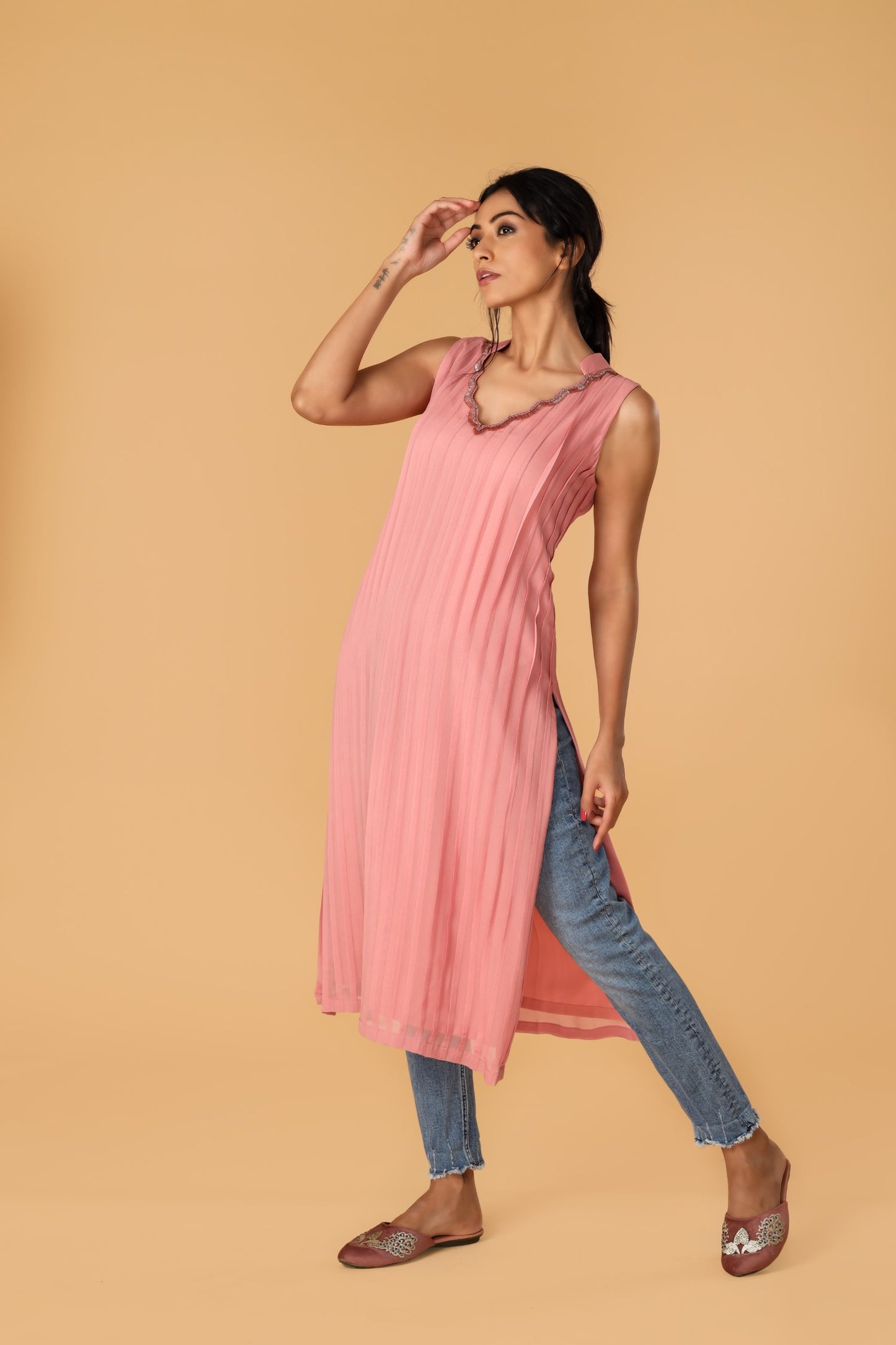 Hand Embroidered Neckline Pastel Pink Pleated Kurta