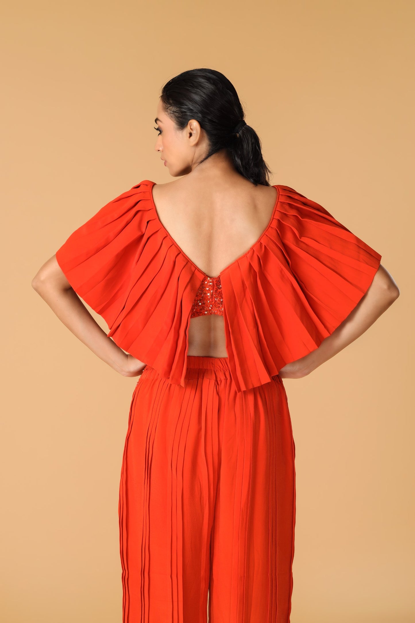 Hand Embroidered Orange Pleated Co-Ord Set
