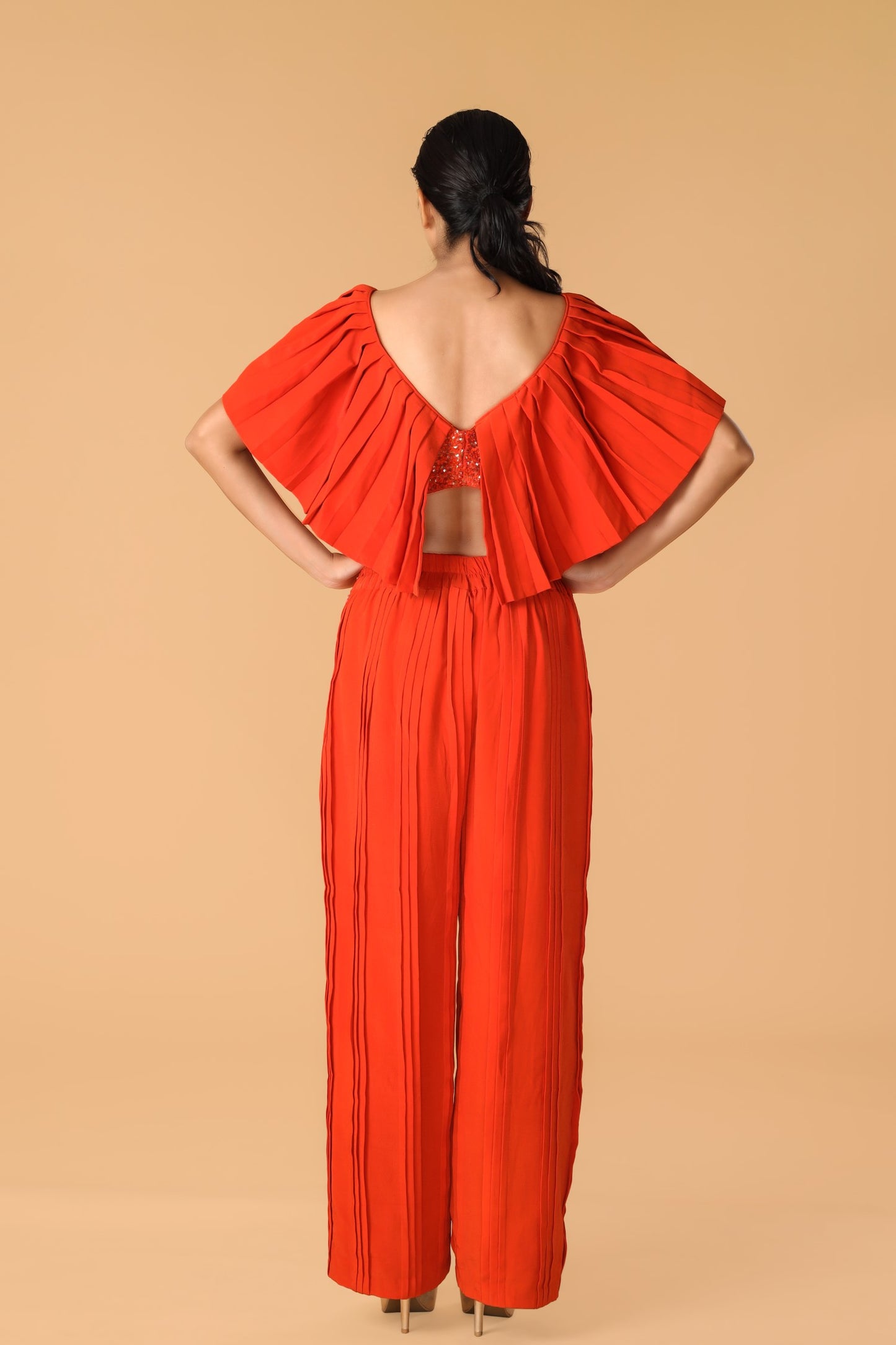 Hand Embroidered Orange Pleated Co-Ord Set