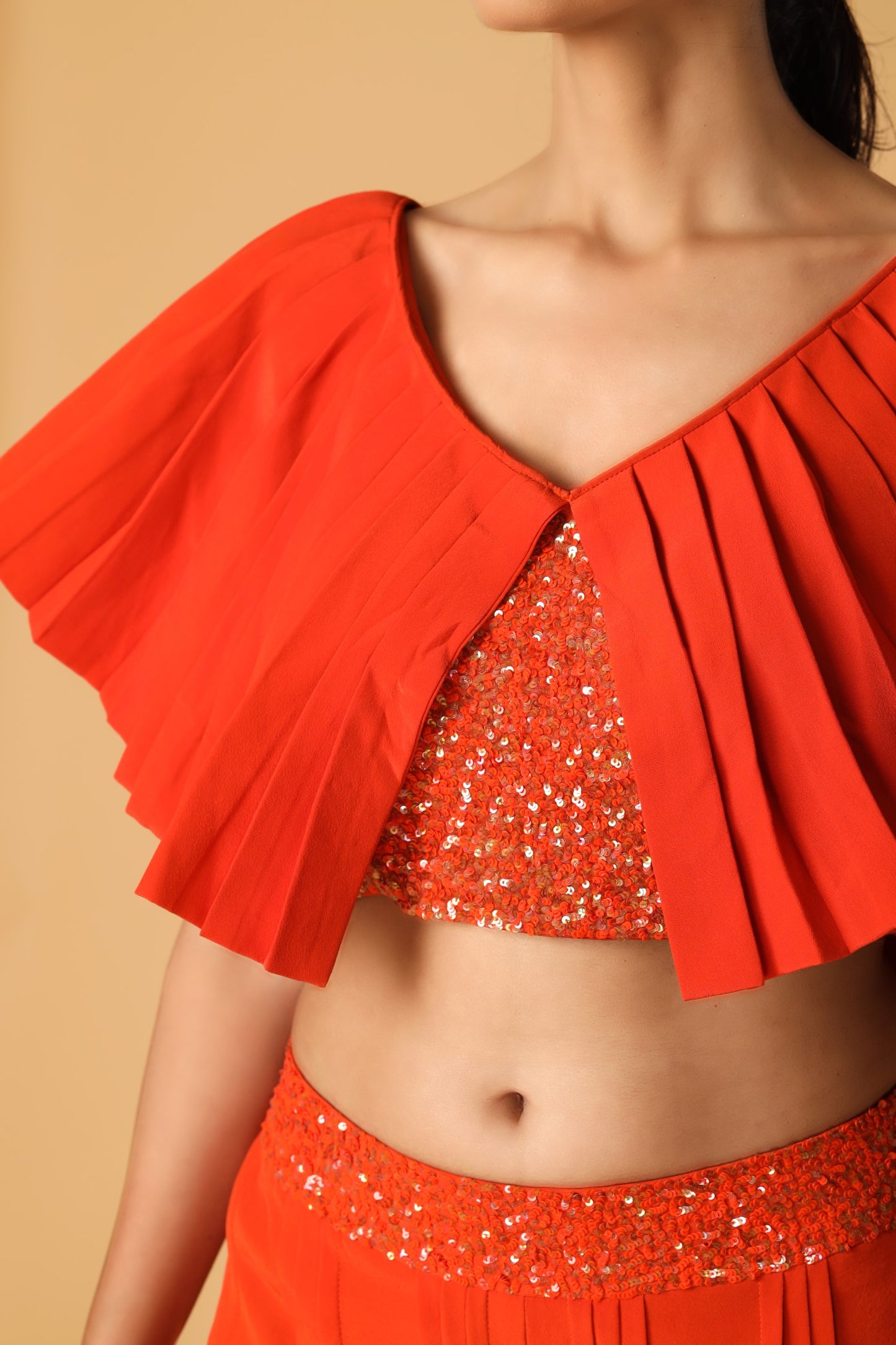 Hand Embroidered Orange Pleated Co-Ord Set