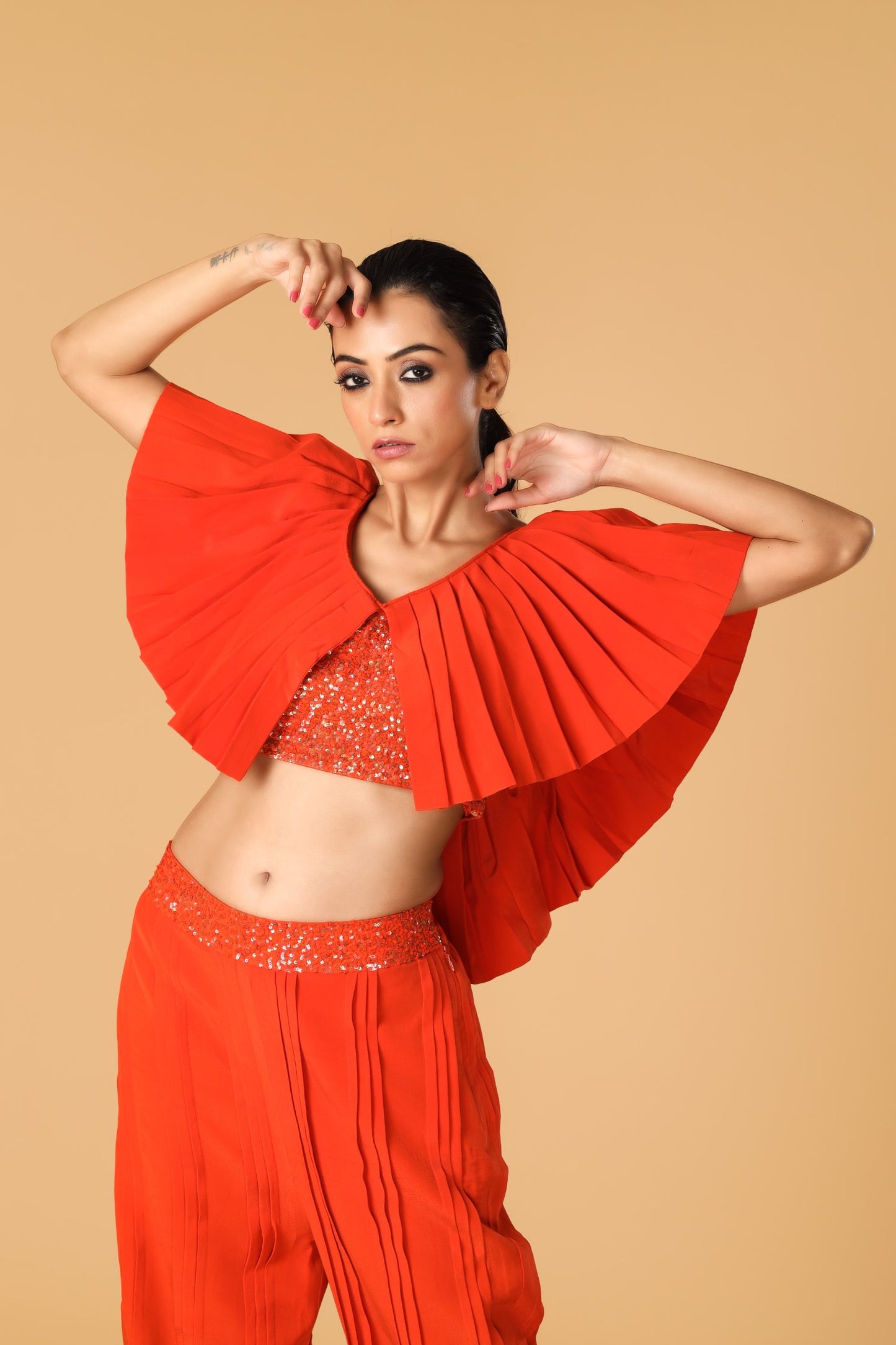 Hand Embroidered Orange Pleated Co-Ord Set