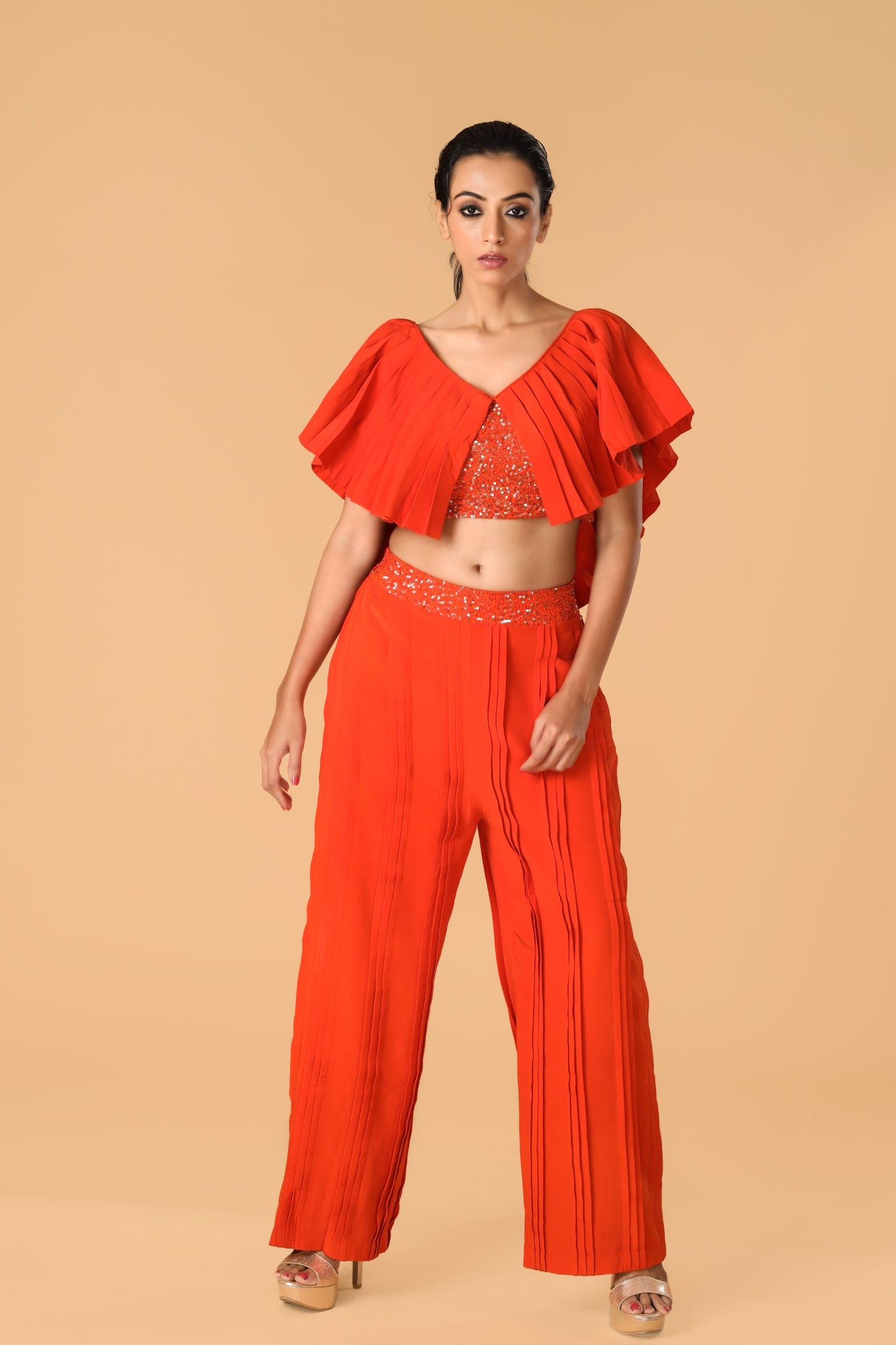 Hand Embroidered Orange Pleated Co-Ord Set