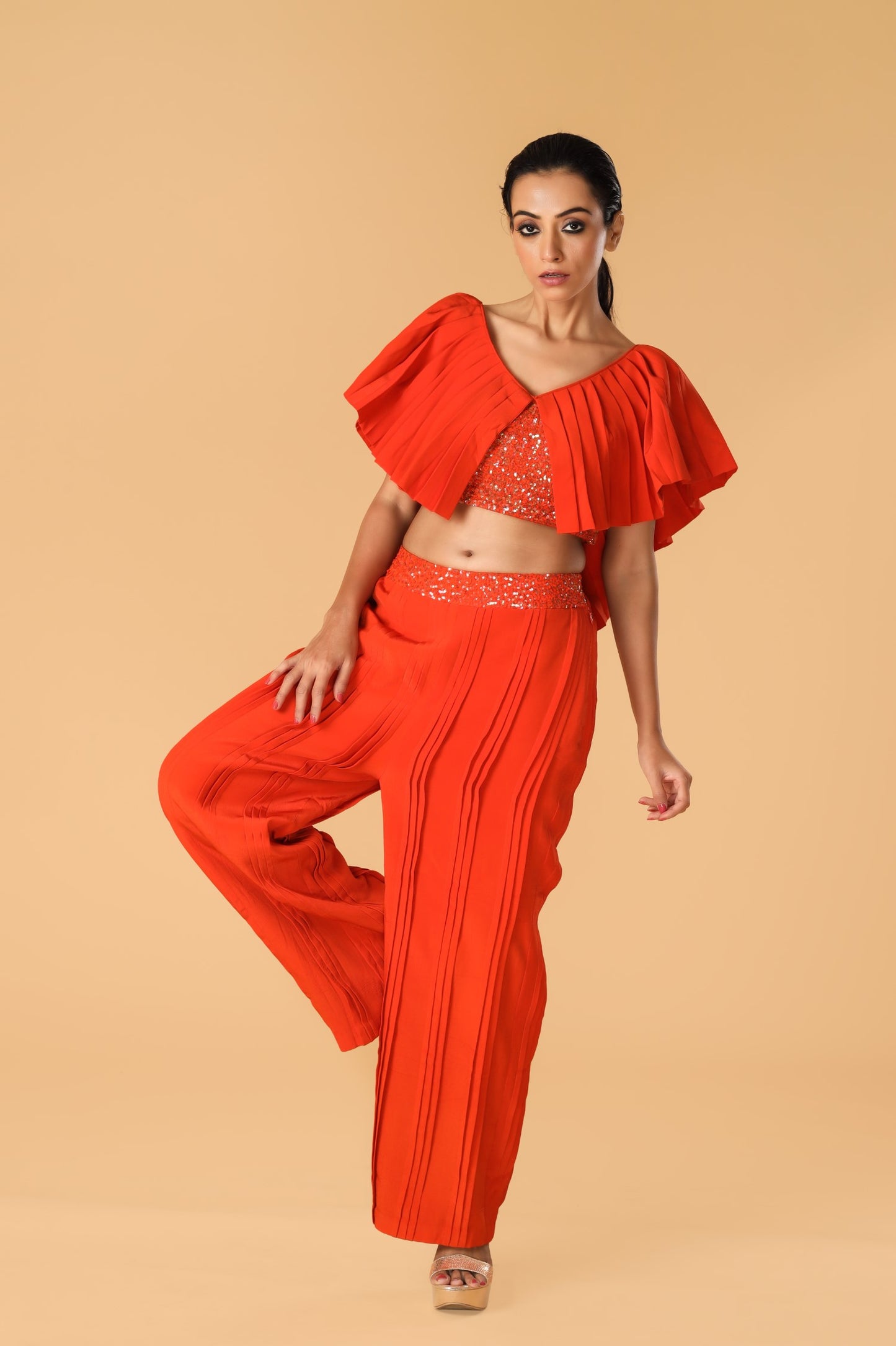 Hand Embroidered Orange Pleated Co-Ord Set