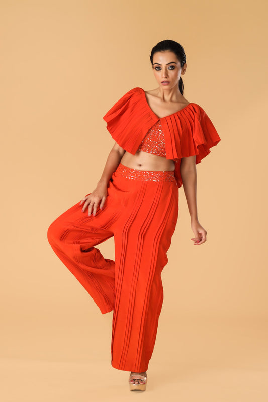 Hand Embroidered Orange Pleated Co-Ord Set