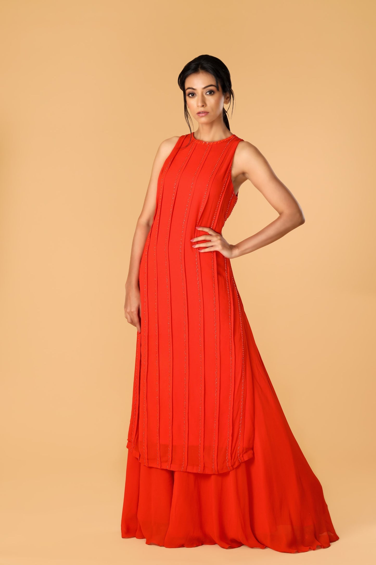 Hand Embroidered Orange Pleated Sharara Set