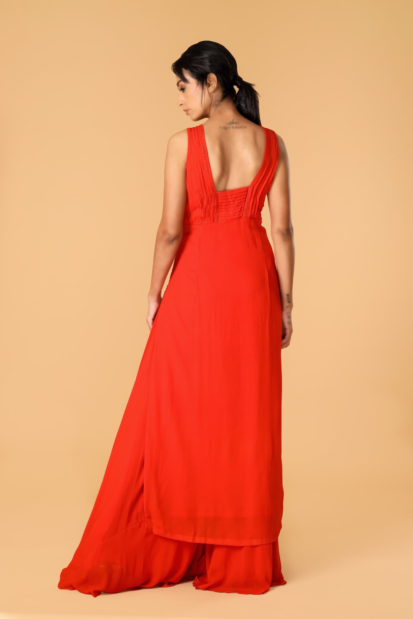 Hand Embroidered Orange Pleated Sharara Set
