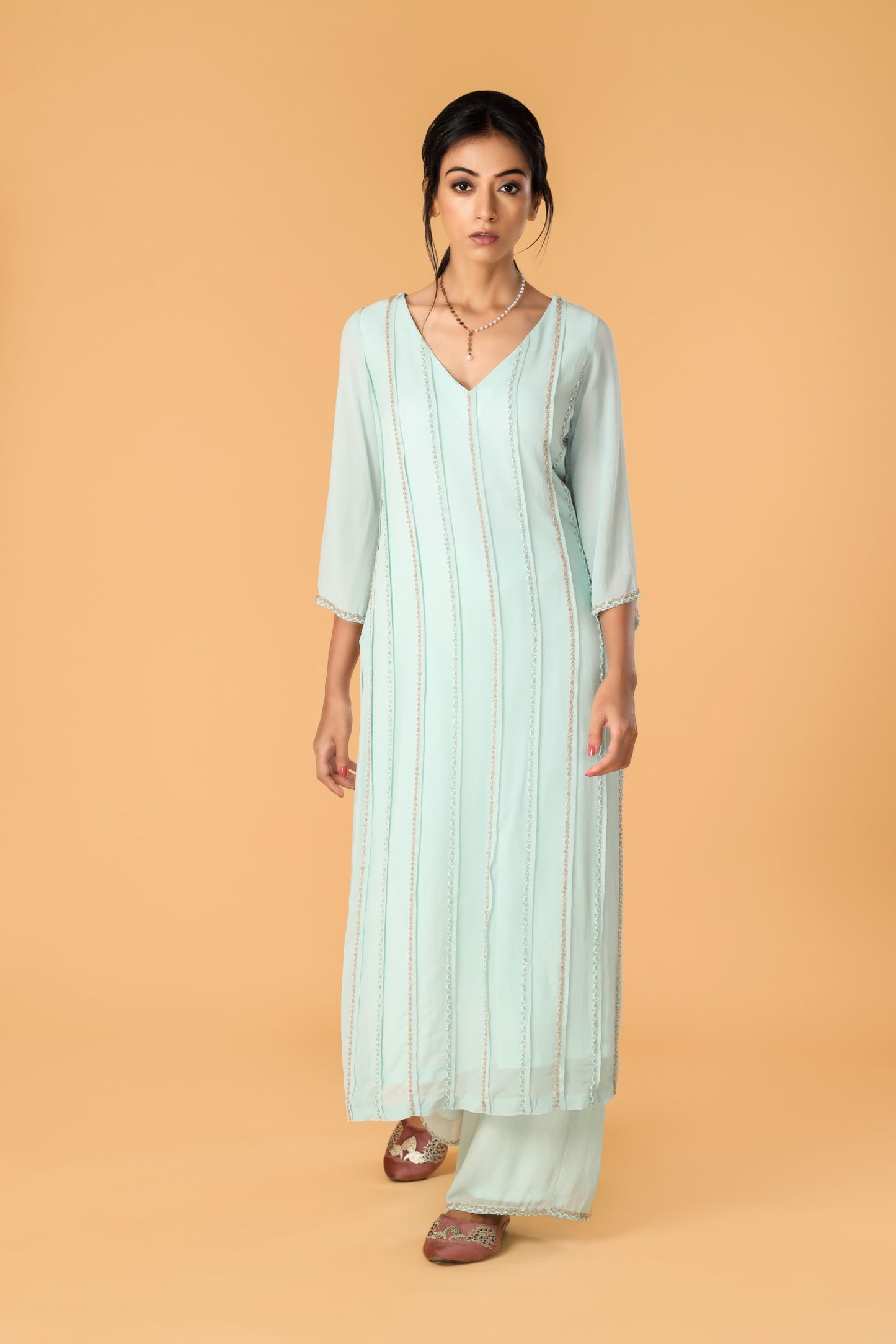 Hand Embroidered Pastel Blue Pleated Kurta Set
