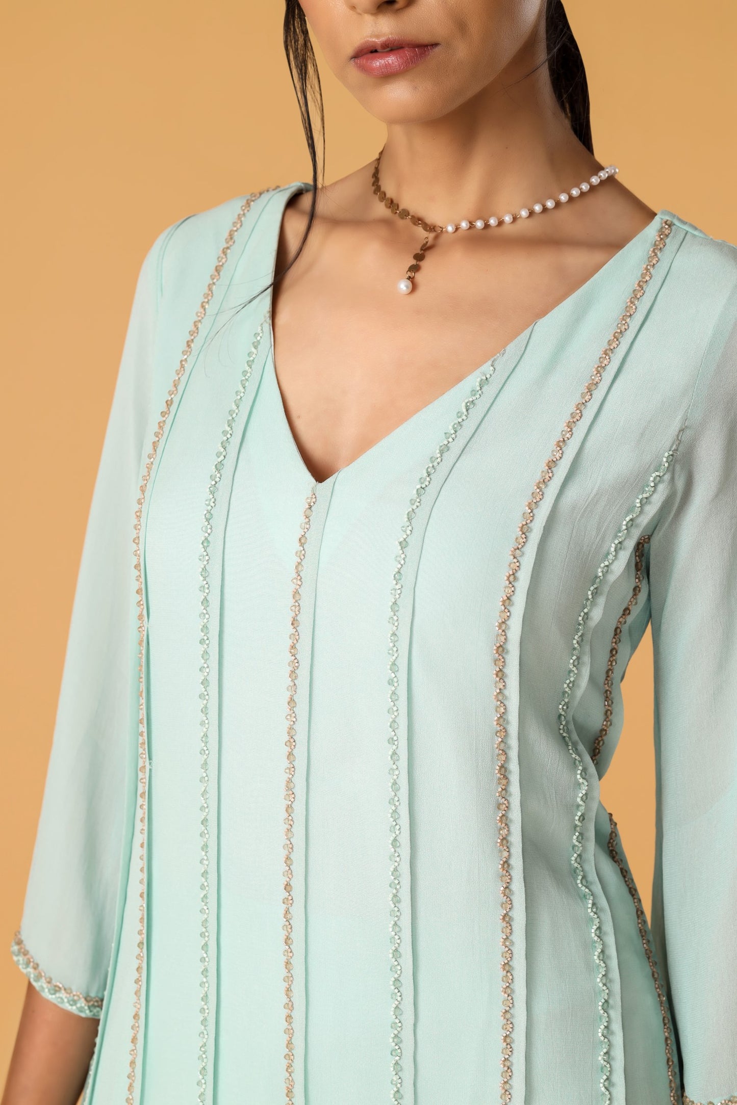 Hand Embroidered Pastel Blue Pleated Kurta Set