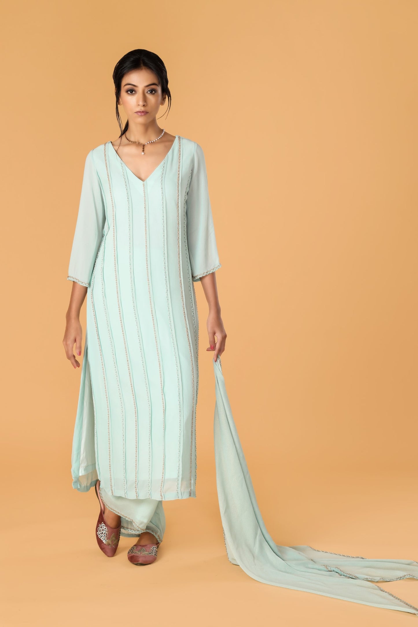 Hand Embroidered Pastel Blue Pleated Kurta Set