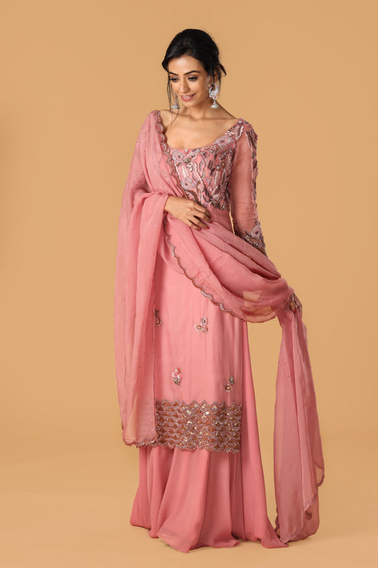 Hand Embroidered Pastel Pink Sharara Set