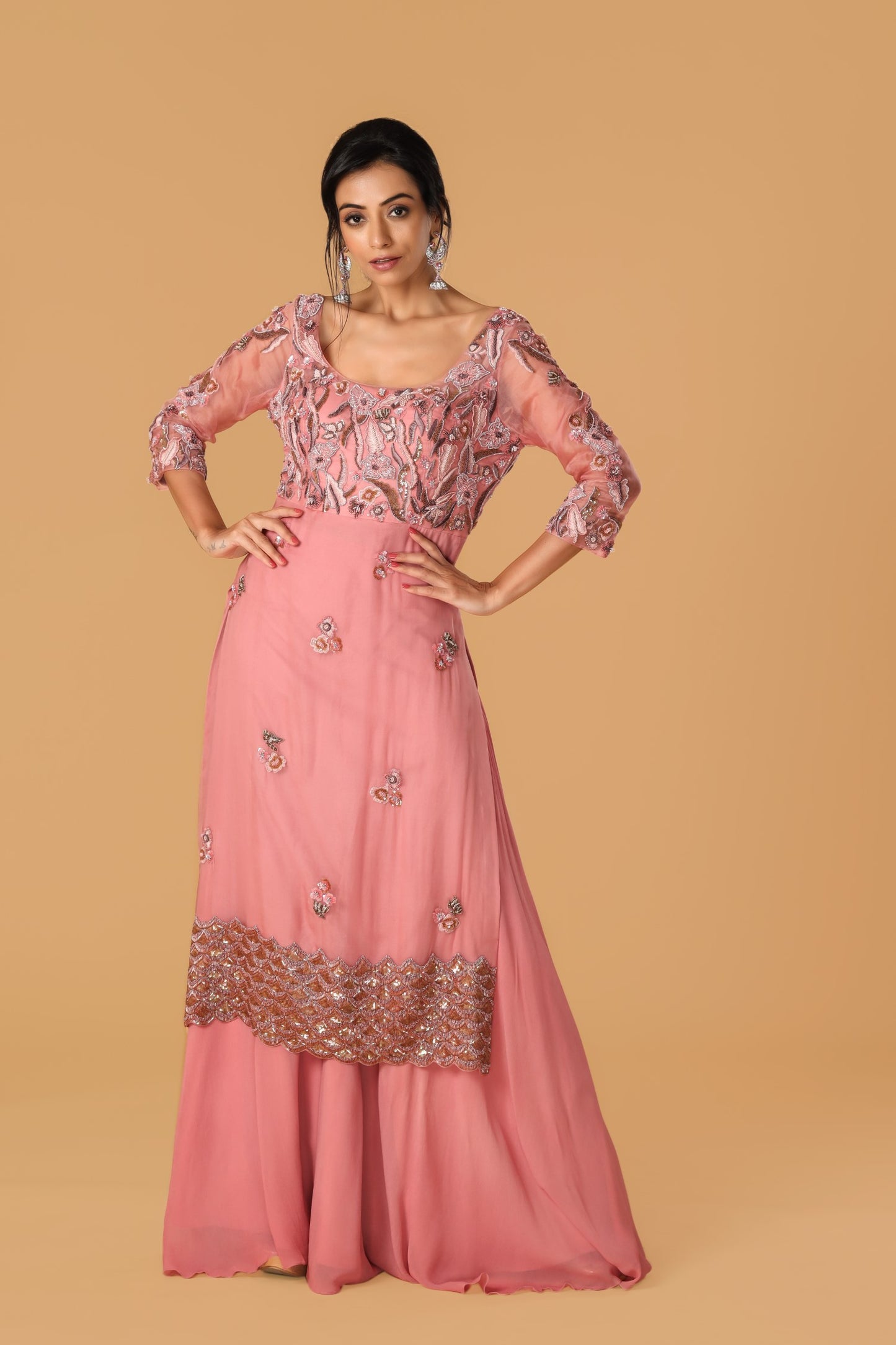 Hand Embroidered Pastel Pink Sharara Set