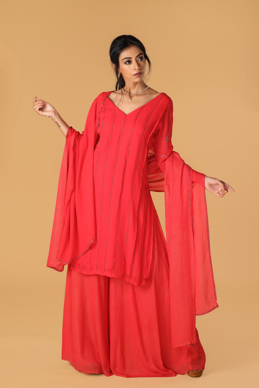 Hand Embroidered Pastel Red Pleated Kurta Set