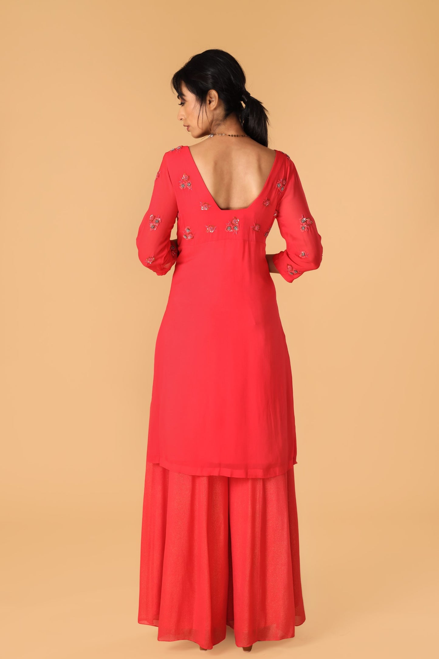 Hand Embroidered Pastel Red Pleated Kurta Set