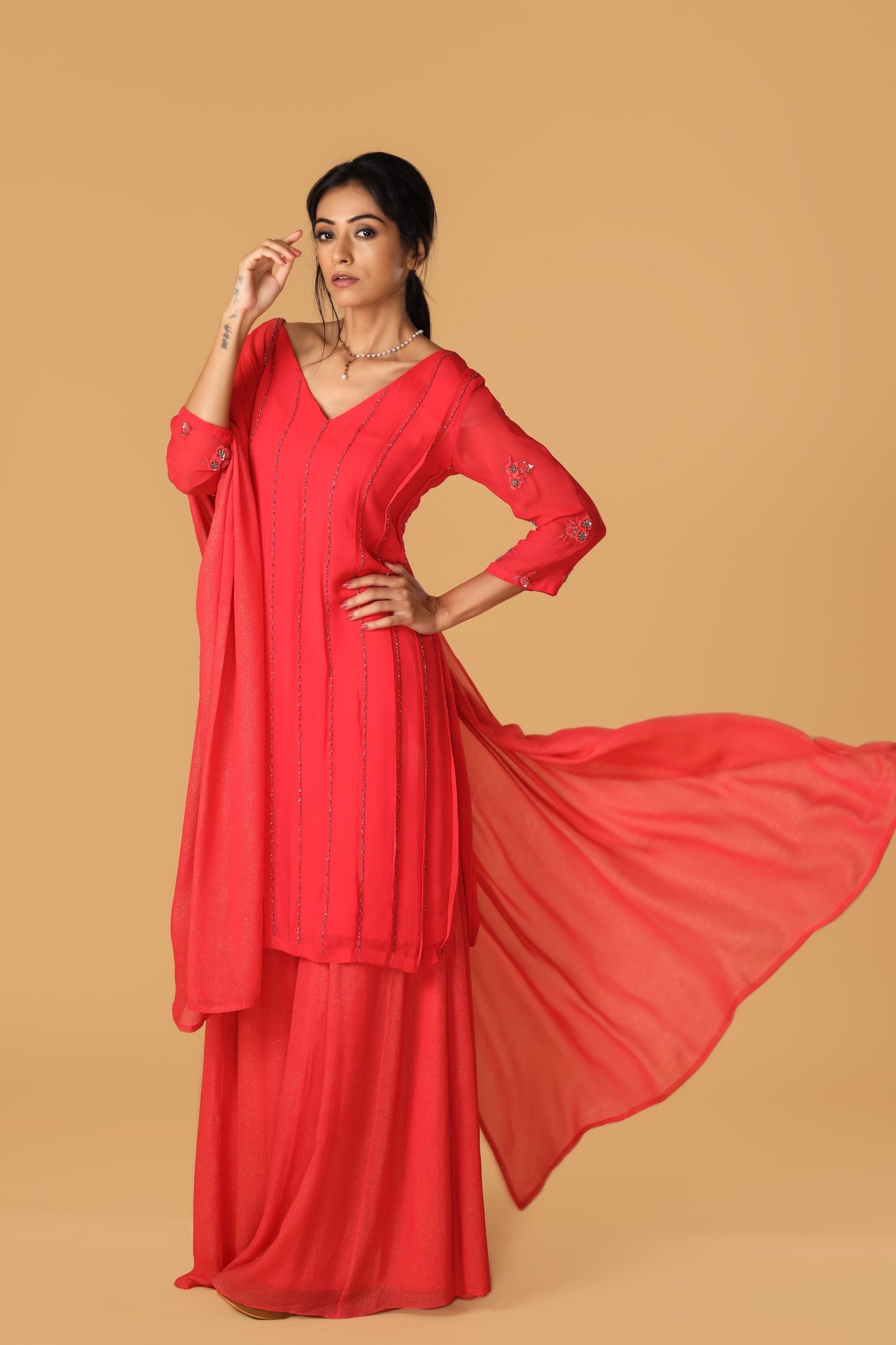 Hand Embroidered Pastel Red Pleated Kurta Set
