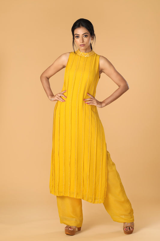 Hand Embroidered Yellow Pleated Kurta Set