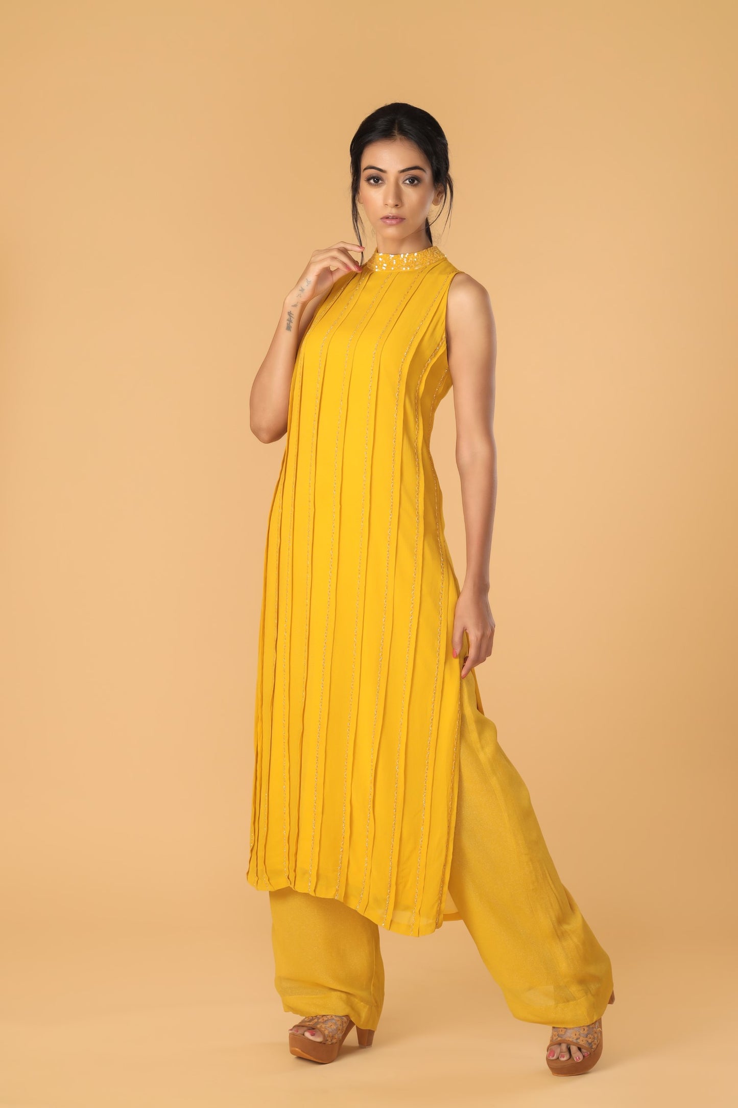 Hand Embroidered Yellow Pleated Kurta Set