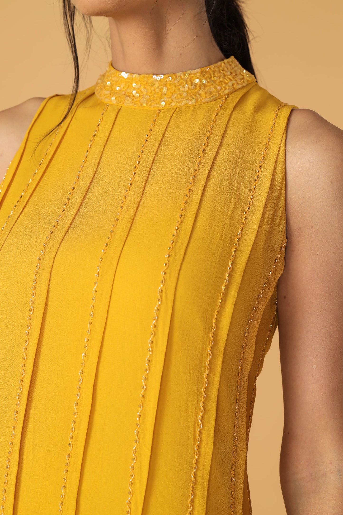 Hand Embroidered Yellow Pleated Kurta Set