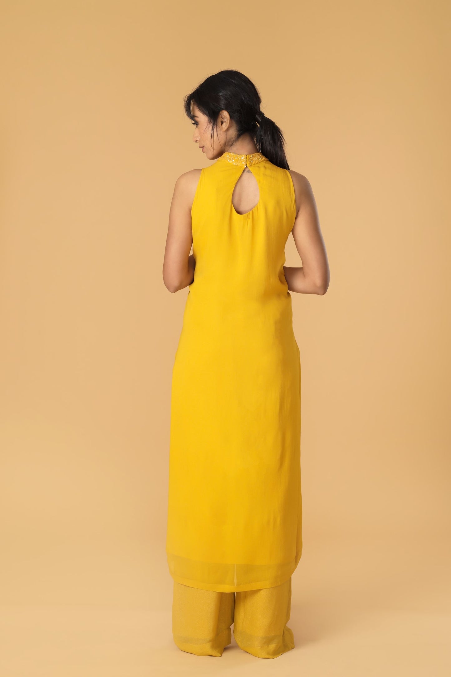 Hand Embroidered Yellow Pleated Kurta Set