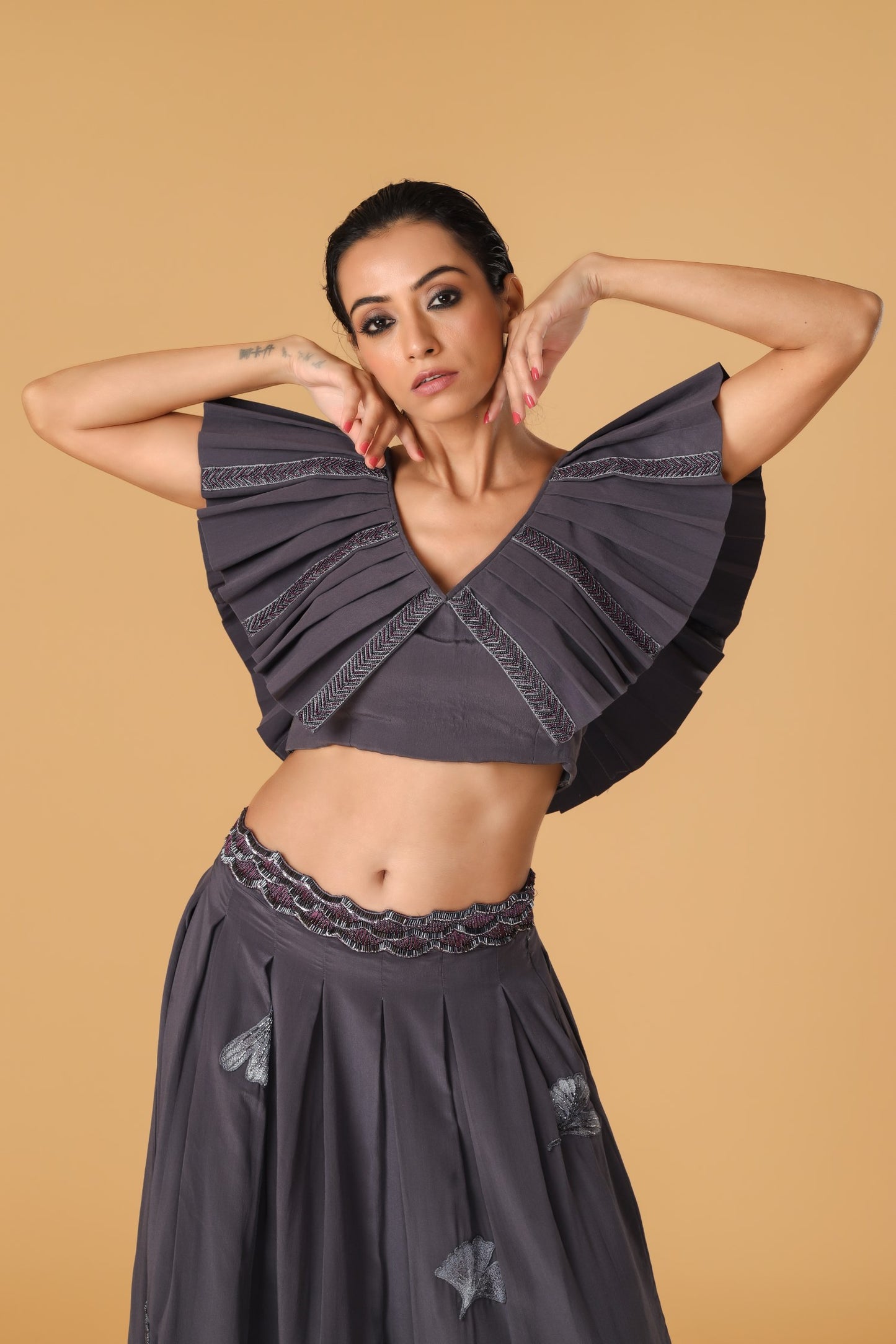 Maidenhair Hand Embroidered Signature Grey Pleated Co-Ord Set