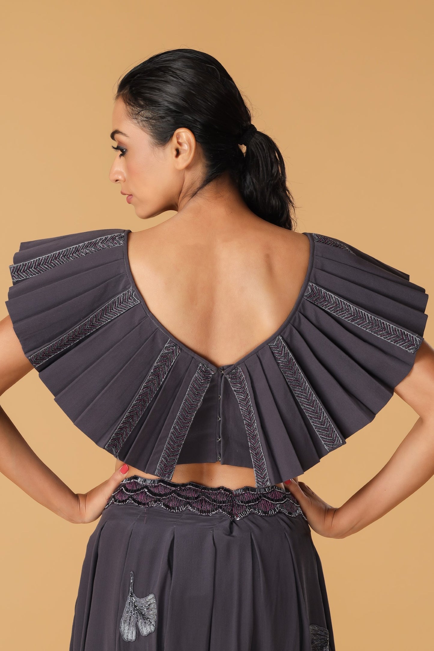 Maidenhair Hand Embroidered Signature Grey Pleated Co-Ord Set
