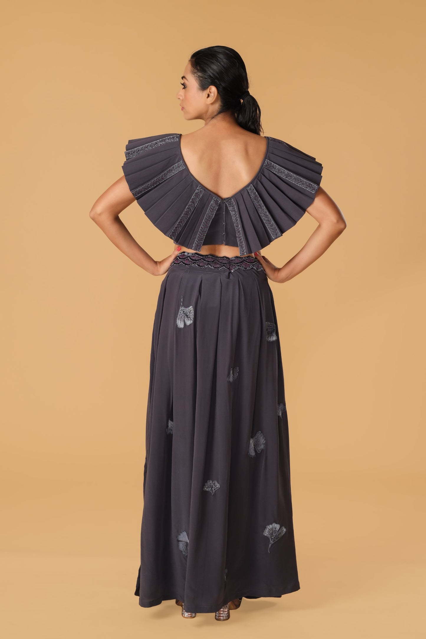 Maidenhair Hand Embroidered Signature Grey Pleated Co-Ord Set