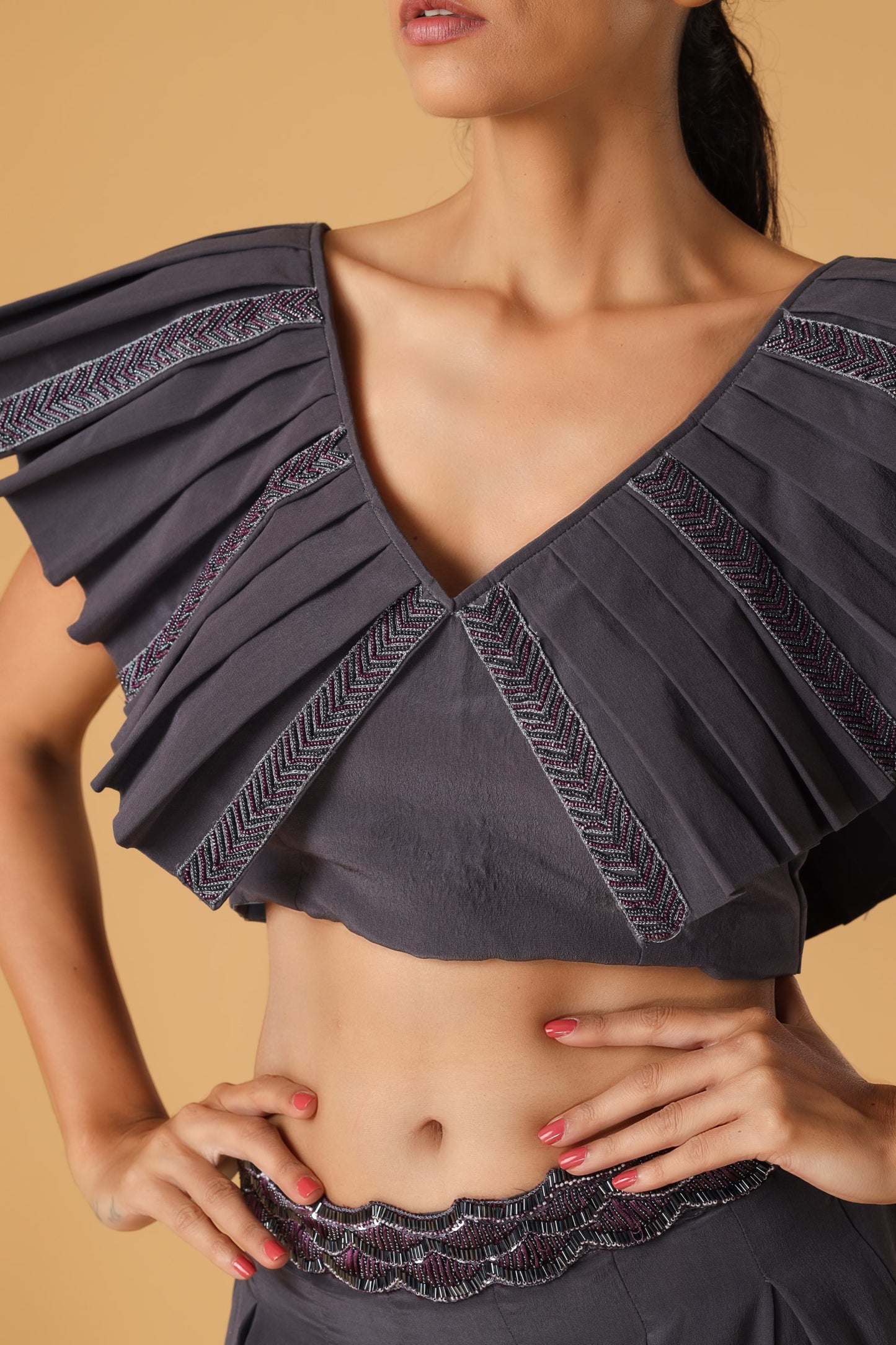 Maidenhair Hand Embroidered Signature Grey Pleated Co-Ord Set
