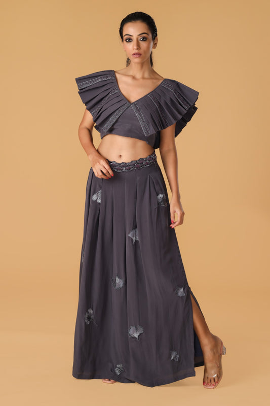 Maidenhair Hand Embroidered Signature Grey Pleated Co-Ord Set