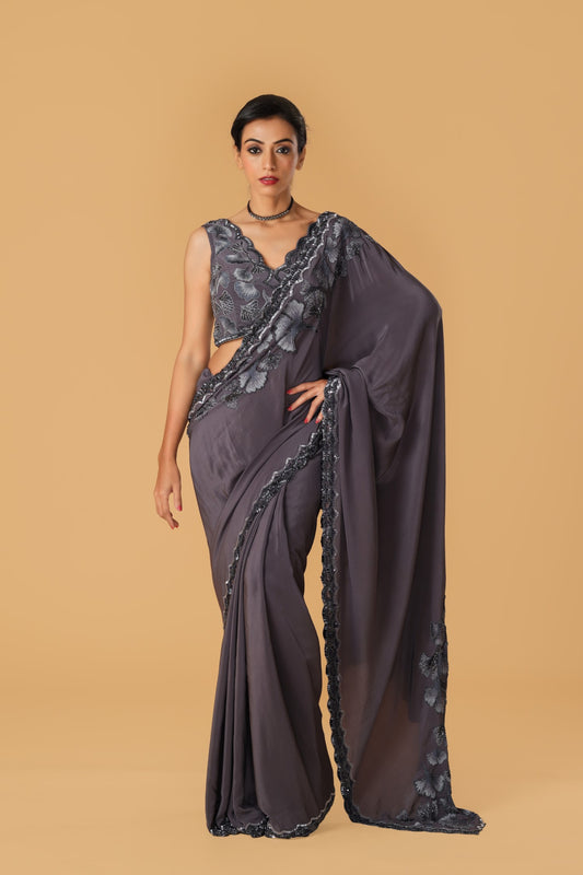 Maidenhair Hand Embroidered Signature Grey Saree Set