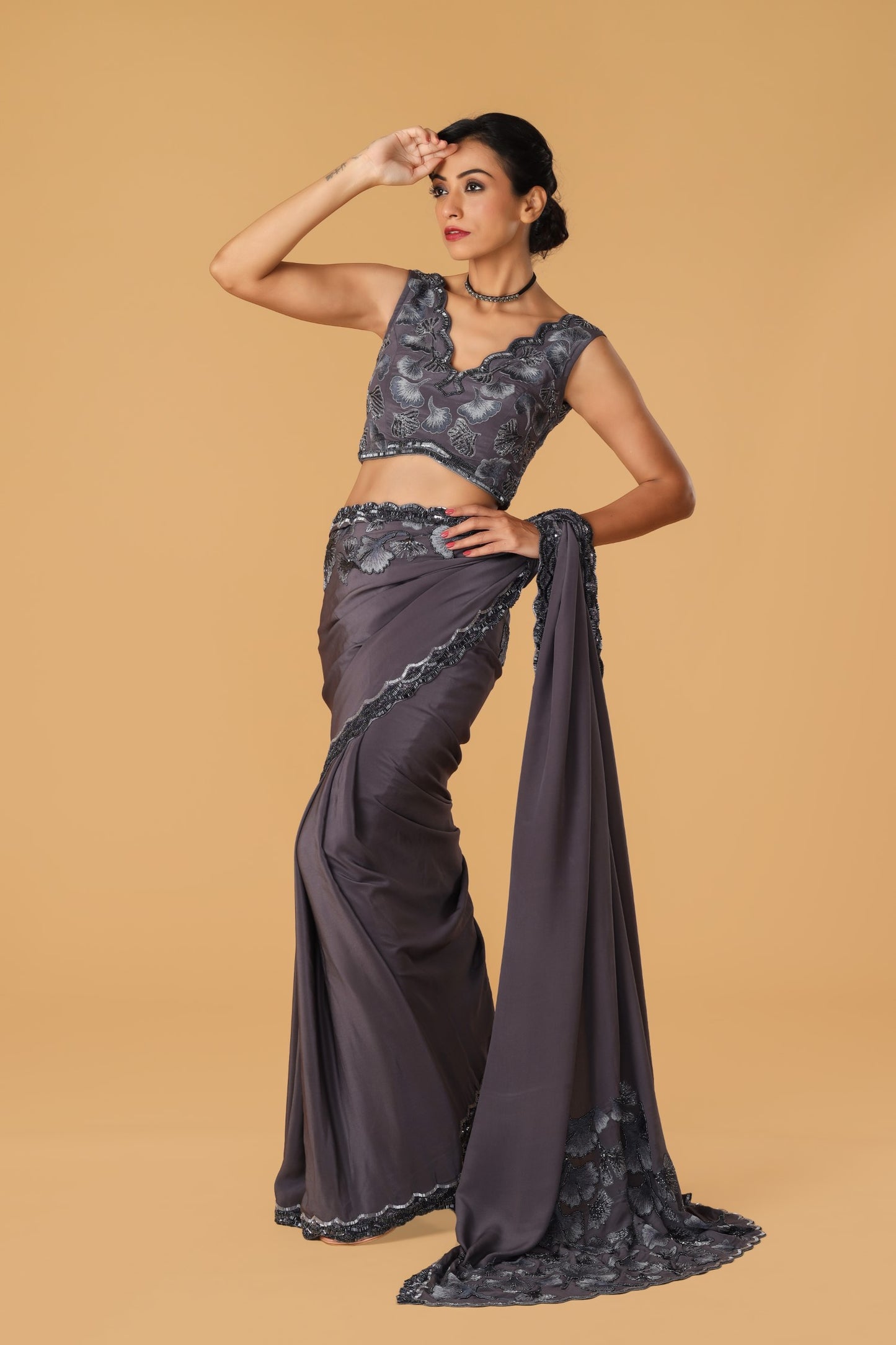 Maidenhair Hand Embroidered Signature Grey Saree Set