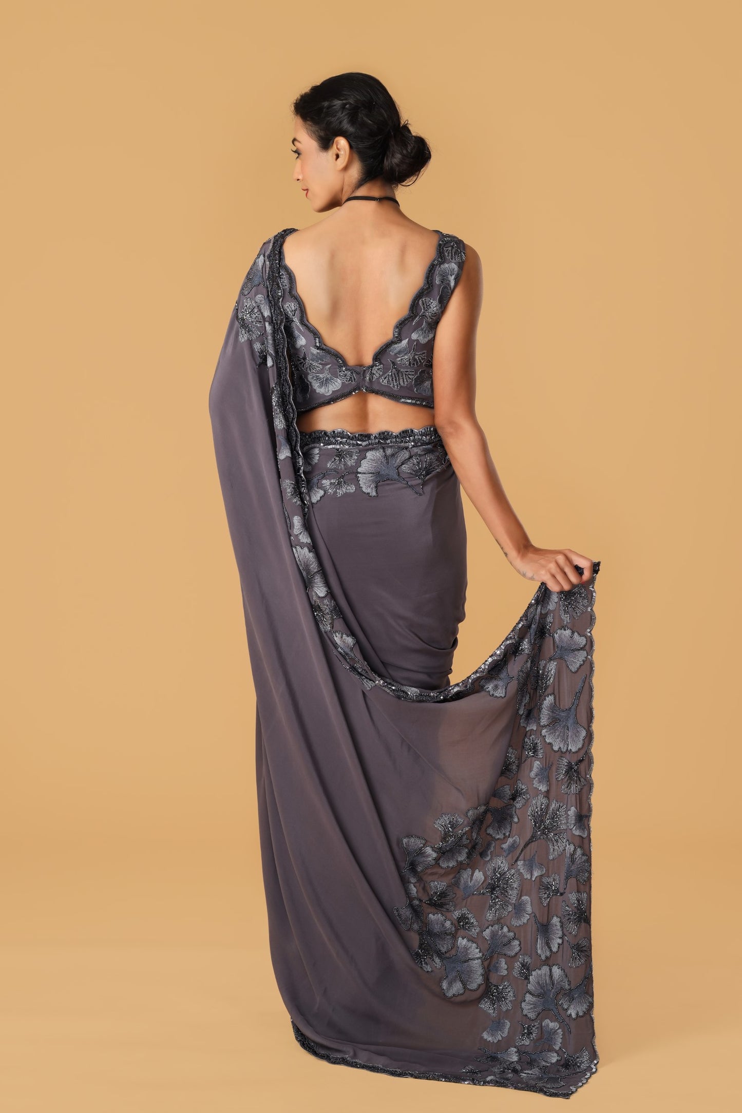 Maidenhair Hand Embroidered Signature Grey Saree Set