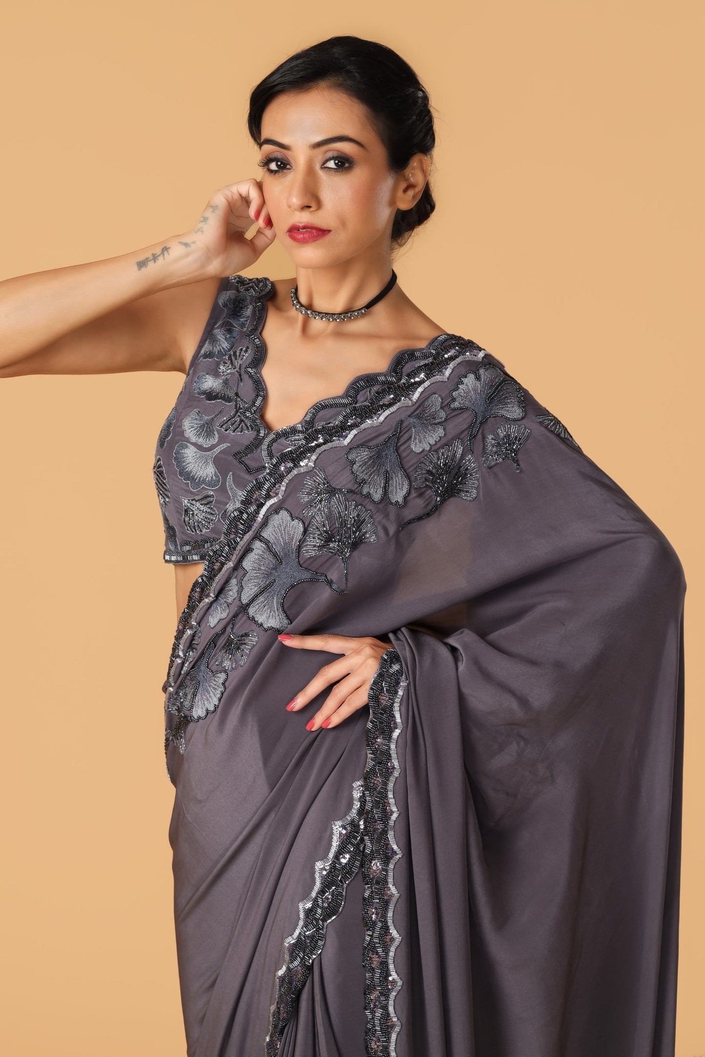 Maidenhair Hand Embroidered Signature Grey Saree Set