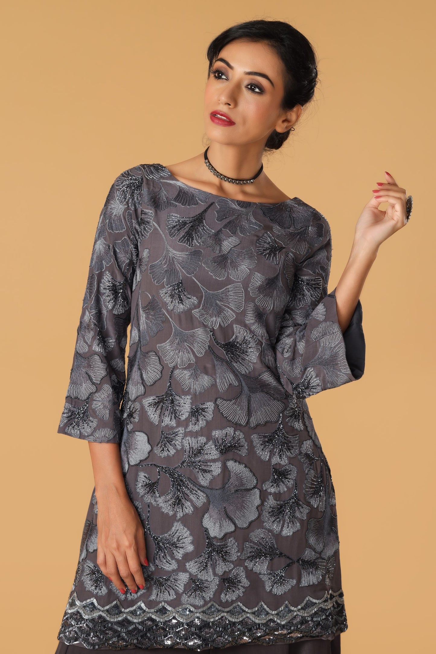 Maidenhair Hand Embroidered Signature Grey Sharara Set