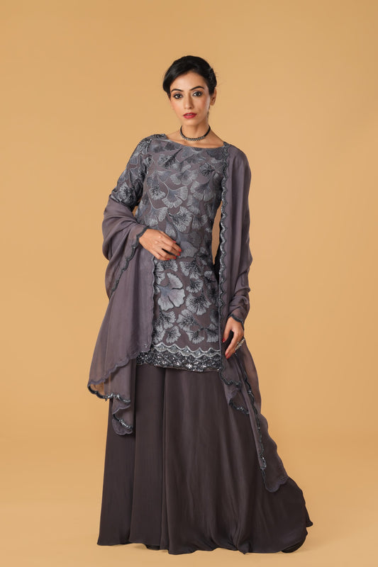 Maidenhair Hand Embroidered Signature Grey Kurta Set