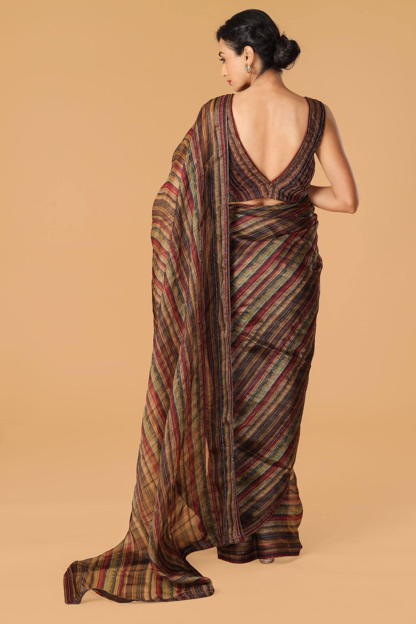 Multicolour Hand Embroidered Organza Saree