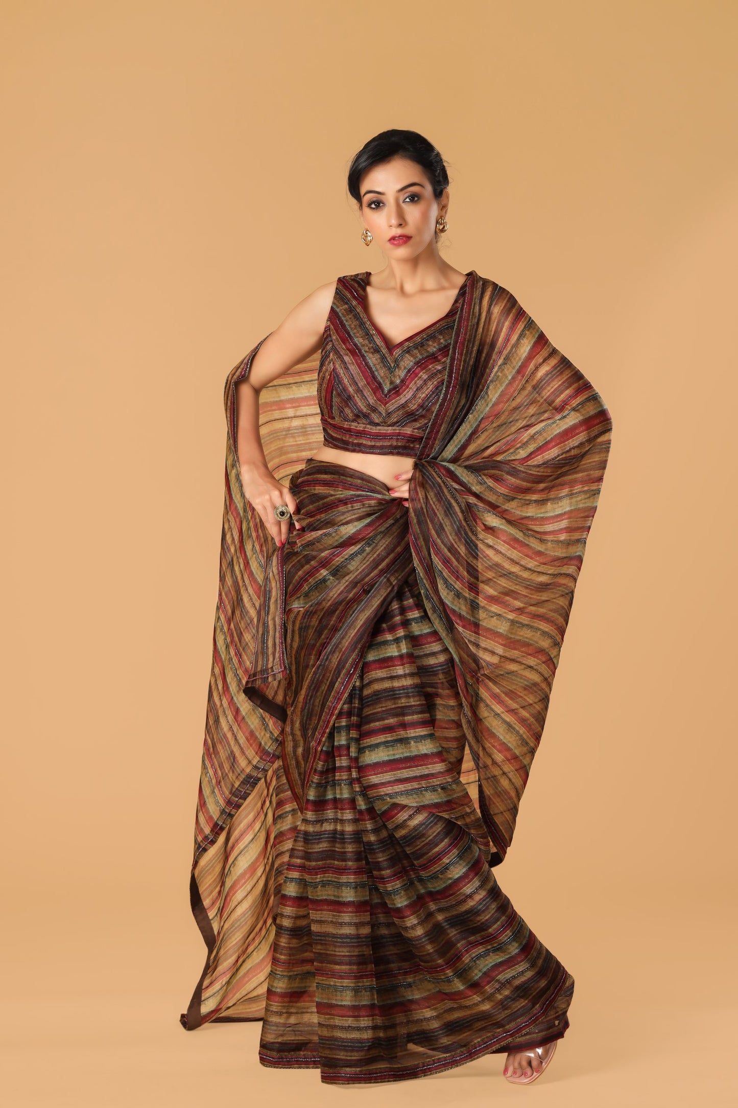 Multicolour Hand Embroidered Organza Saree