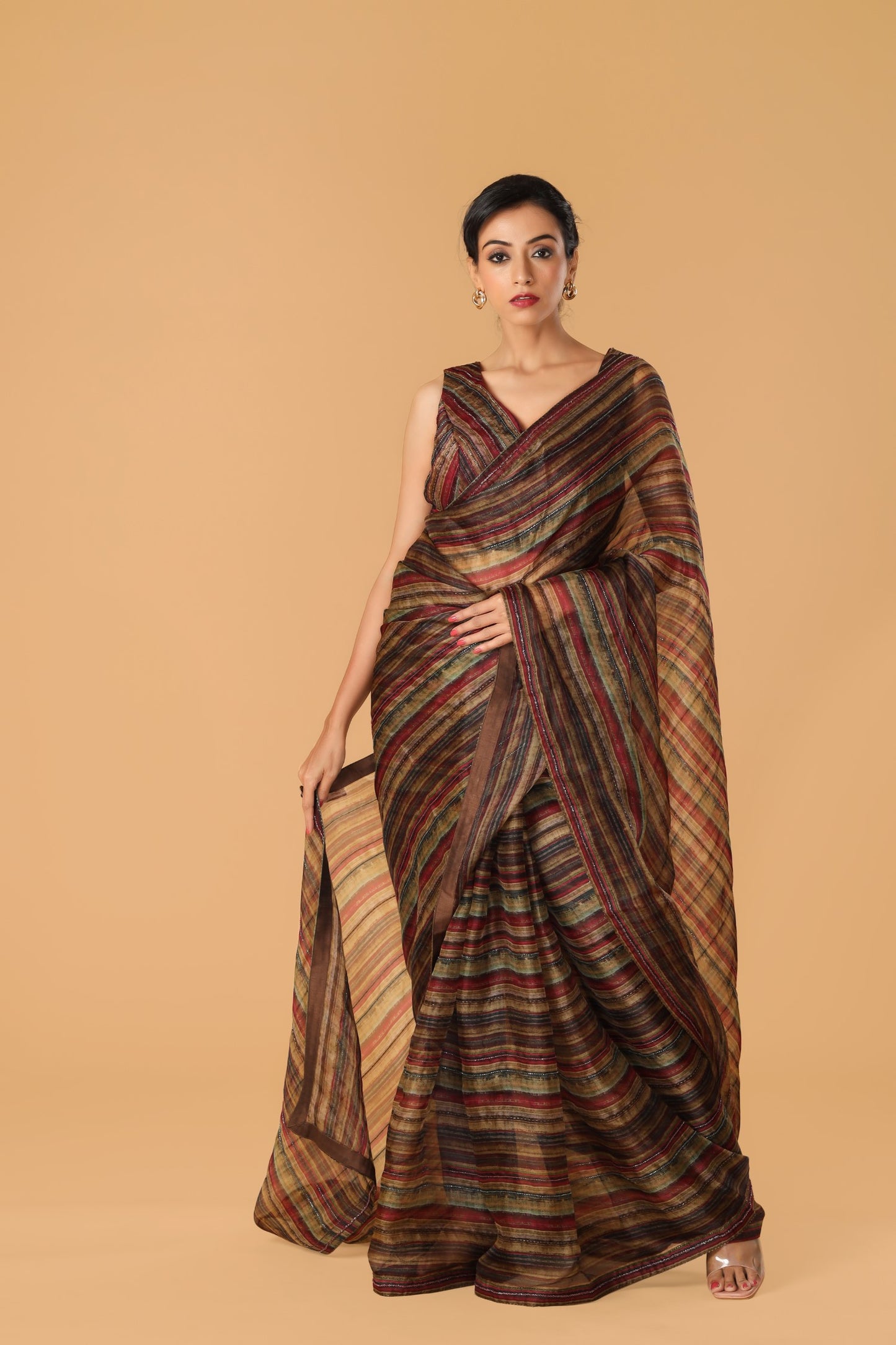 Multicolour Hand Embroidered Organza Saree
