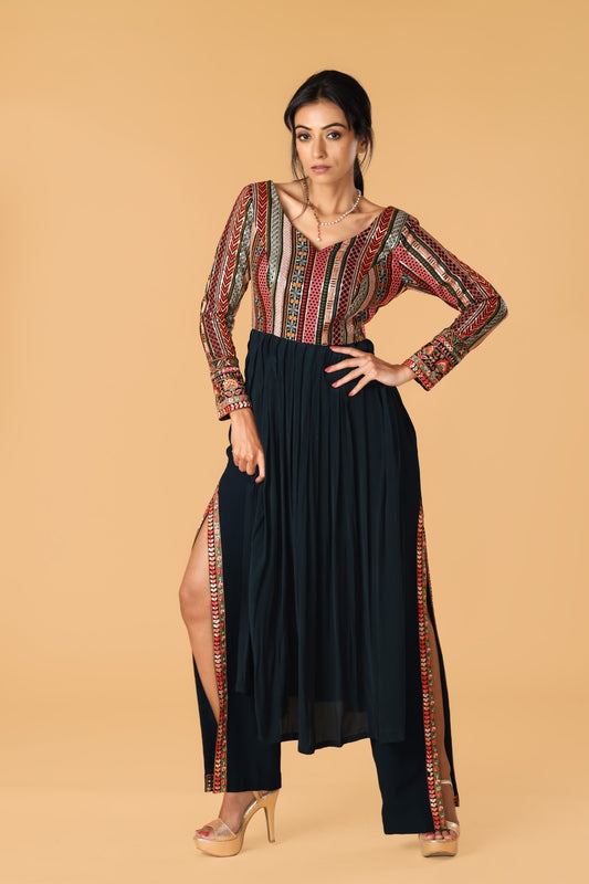 Multicolour & Midnight Blue Pleated Kurta Set
