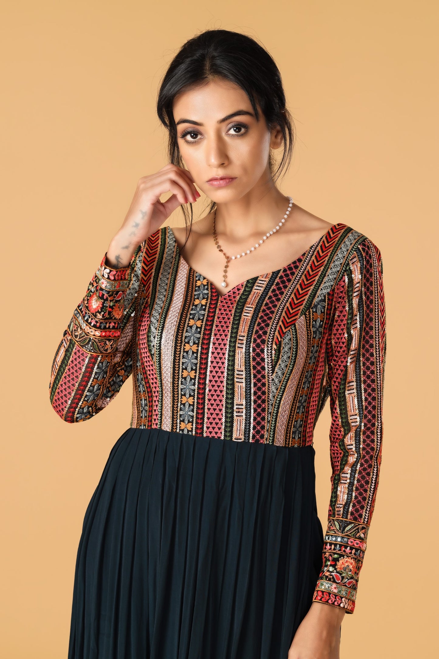 Multicolour & Midnight Blue Pleated Kurta Set
