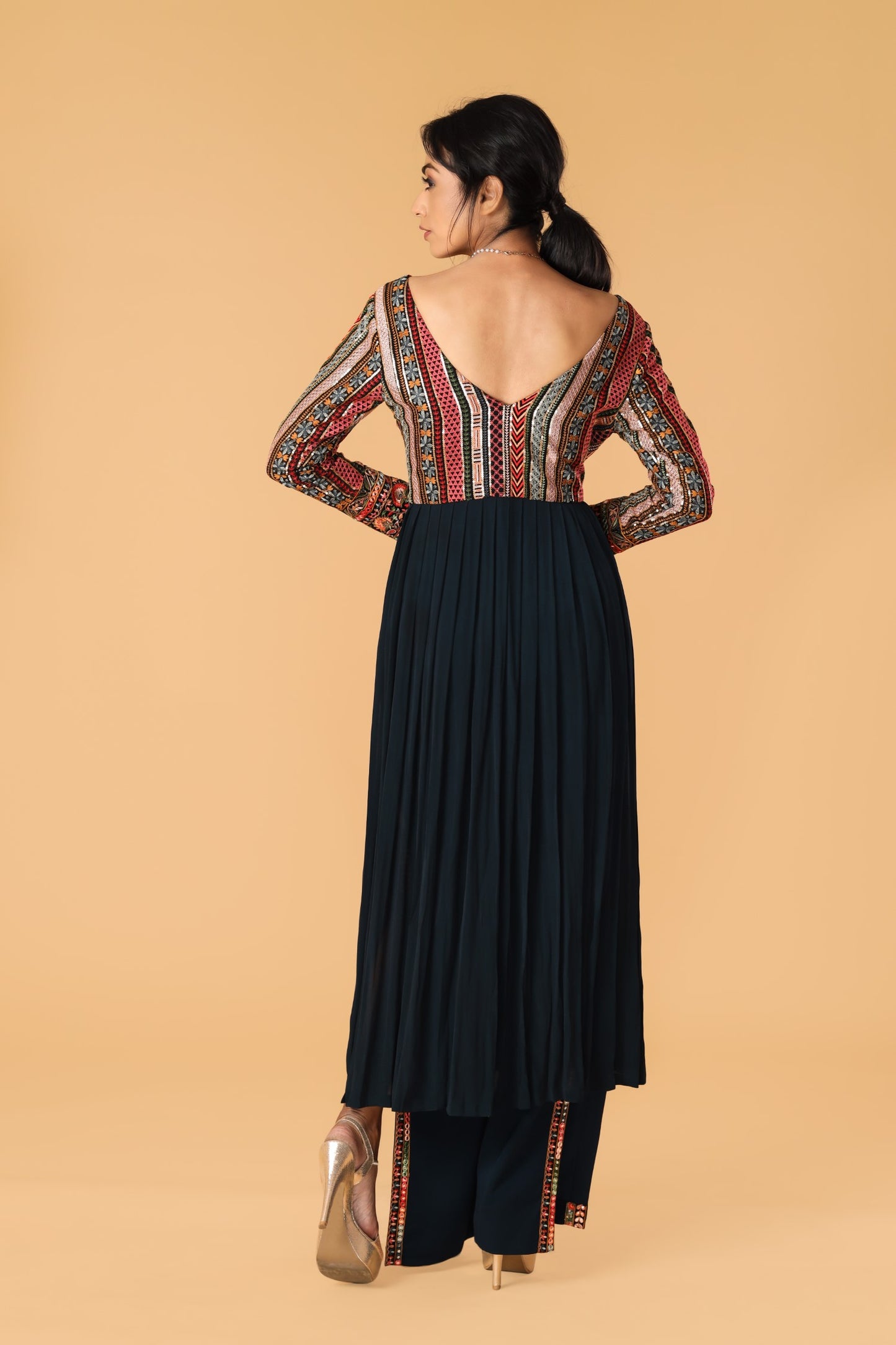 Multicolour & Midnight Blue Pleated Kurta Set