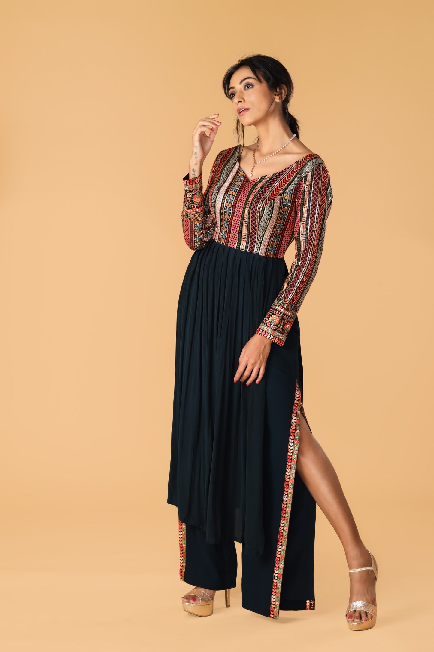 Multicolour & Midnight Blue Pleated Kurta Set