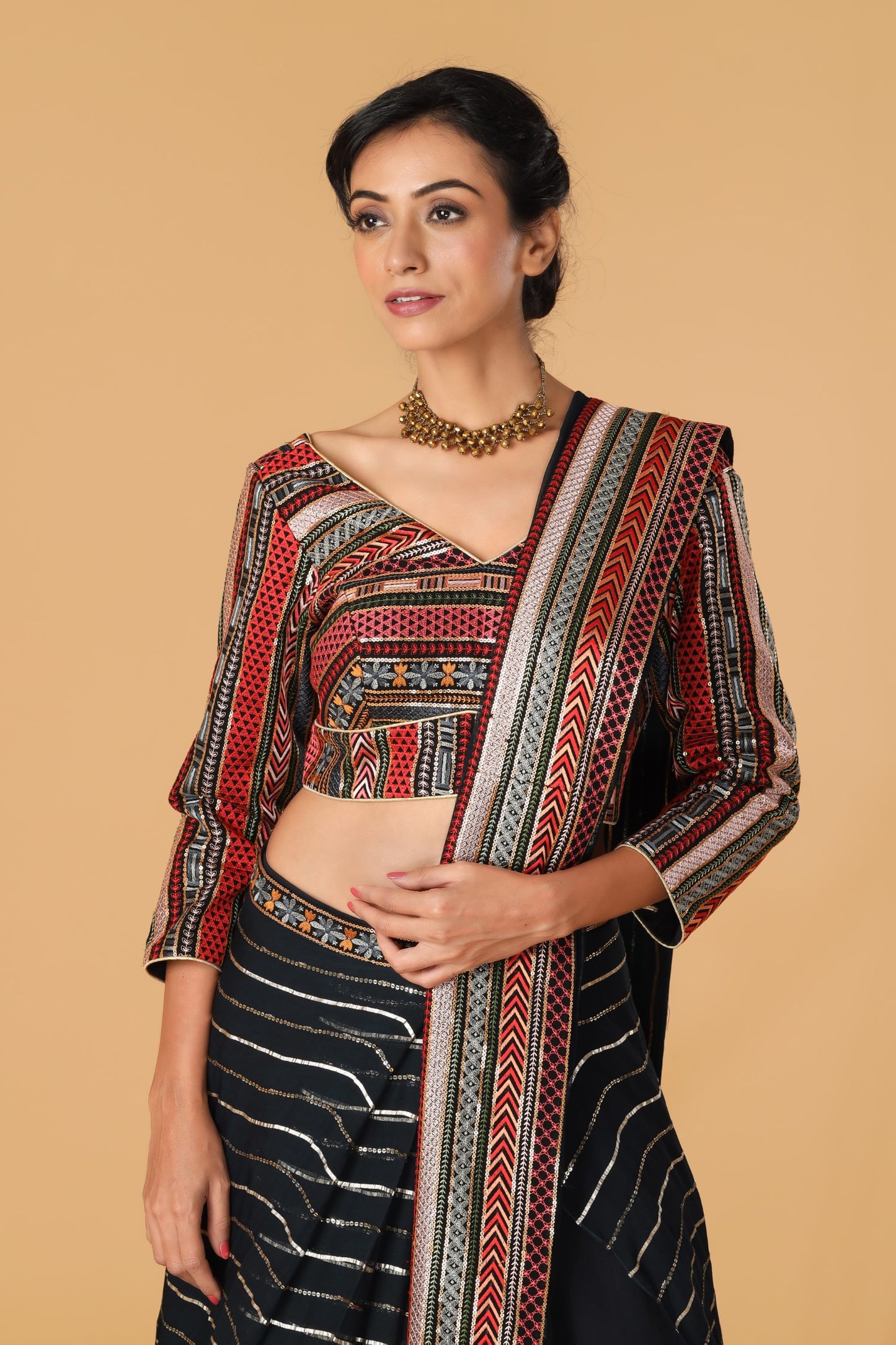 Multicolour & Midnight Blue Pre drape Saree
