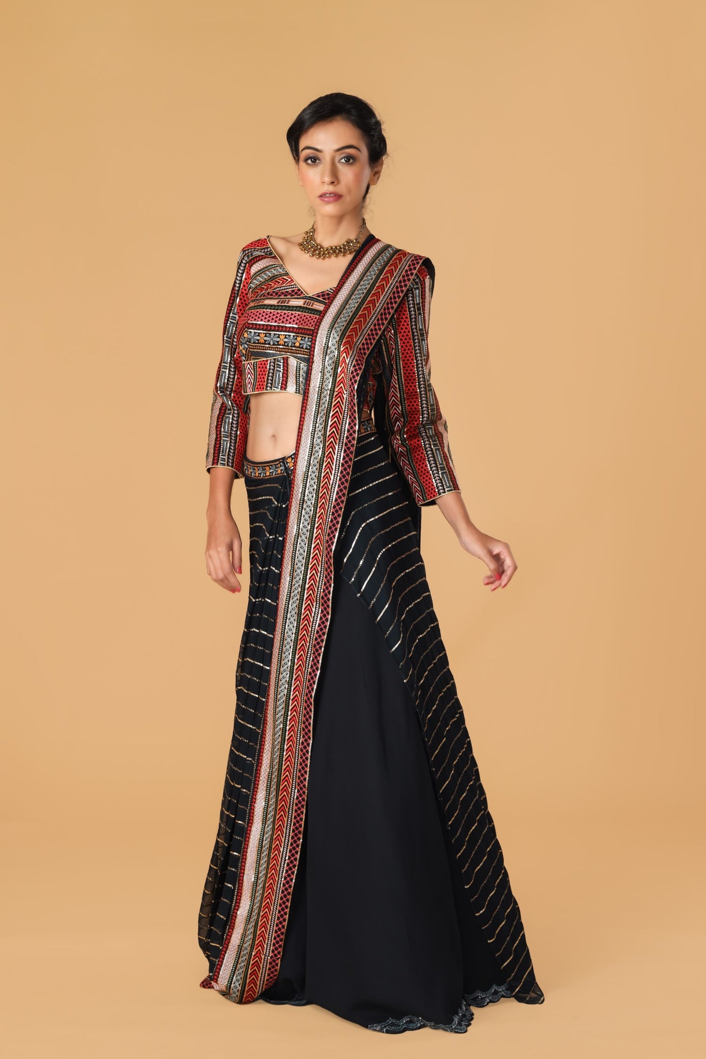 Multicolour & Midnight Blue Pre drape Saree