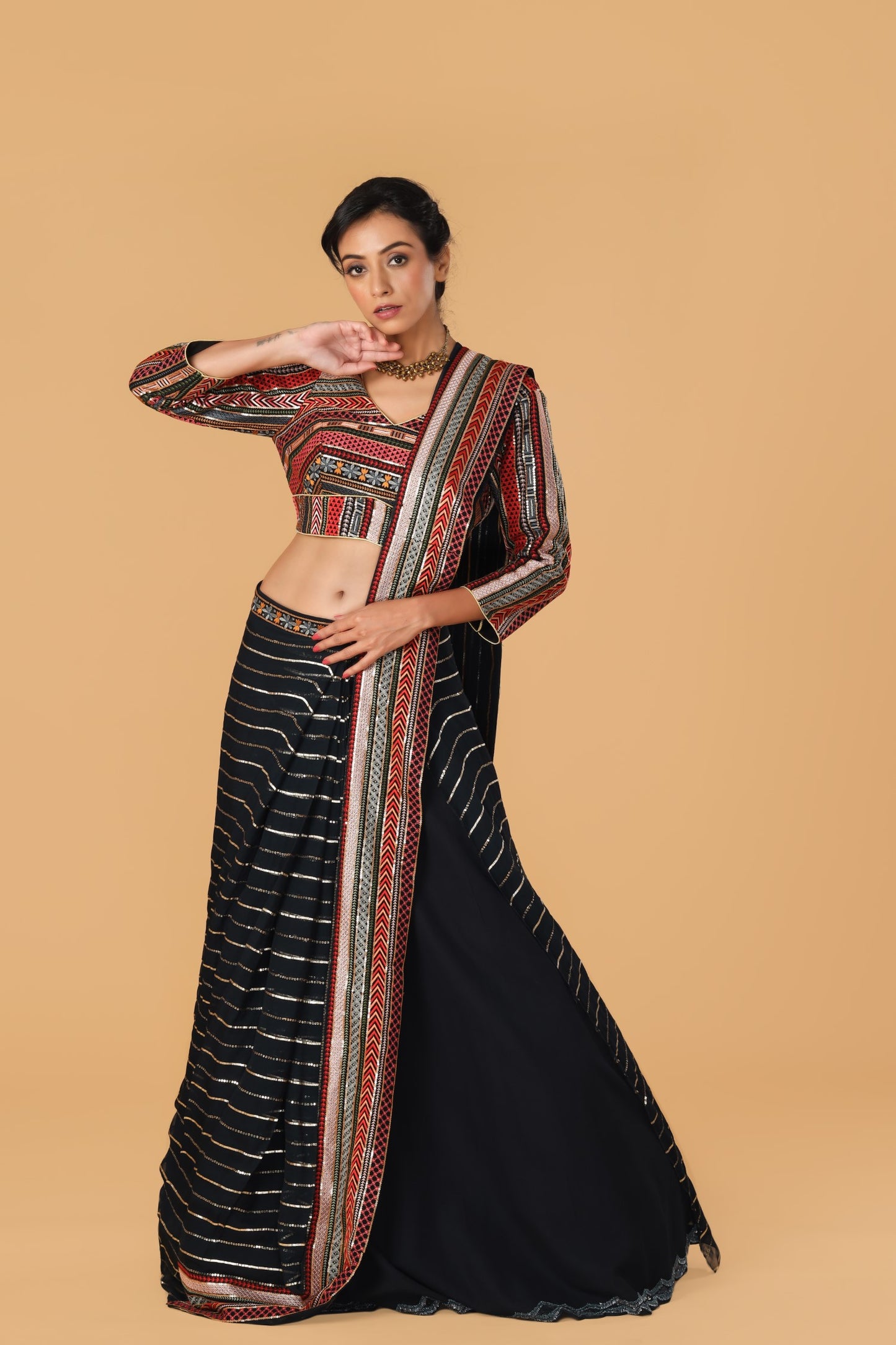 Multicolour & Midnight Blue Pre drape Saree