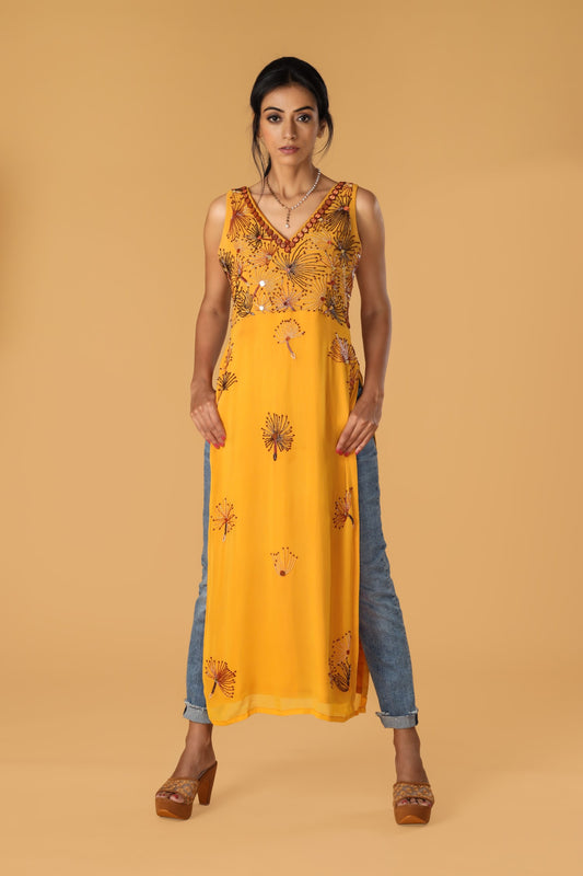 Playful Dandelion Hand Embroidered Yellow Kurta