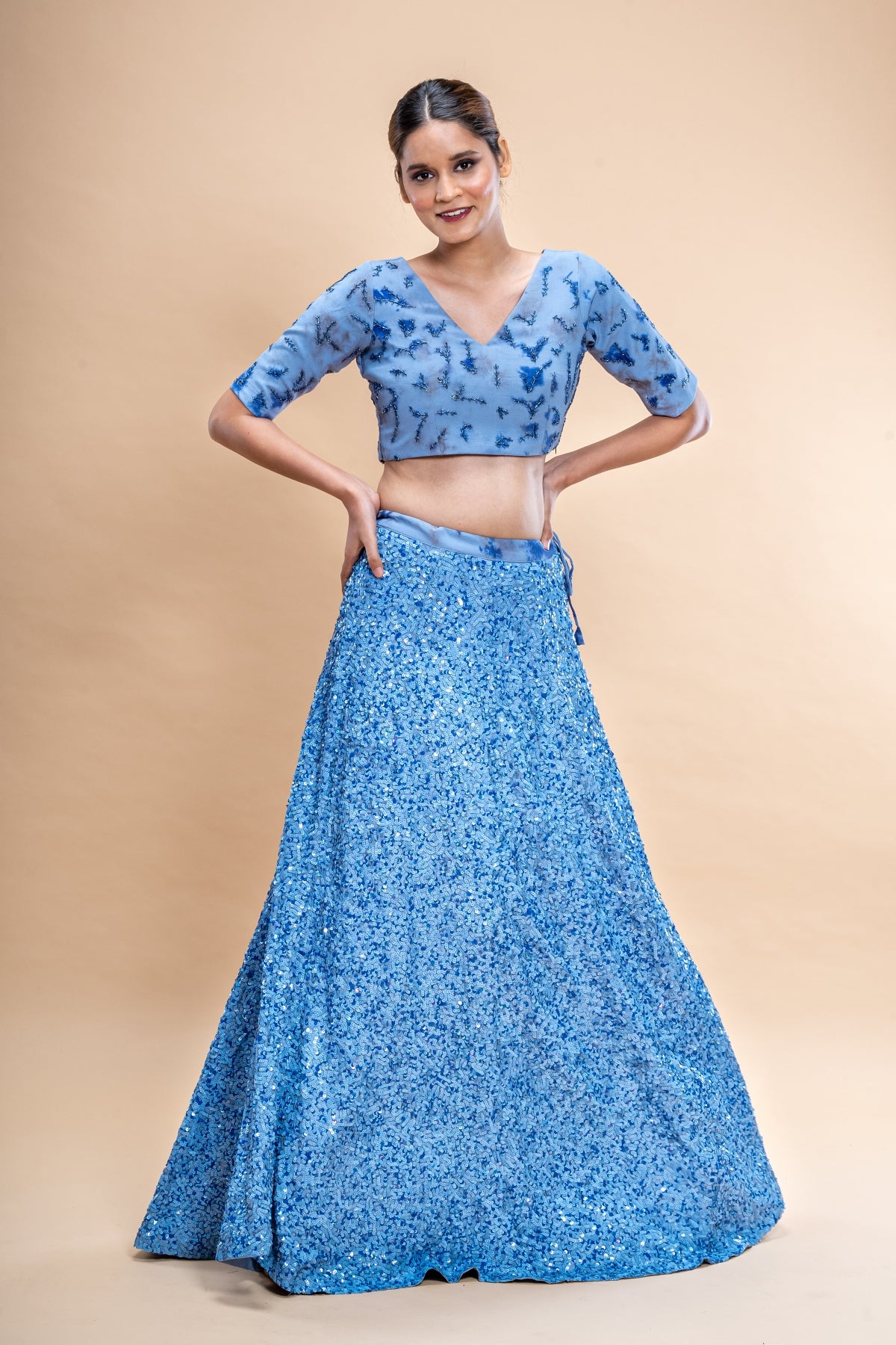 Batik Print Hand Embroidered Sequins Lehenga Set