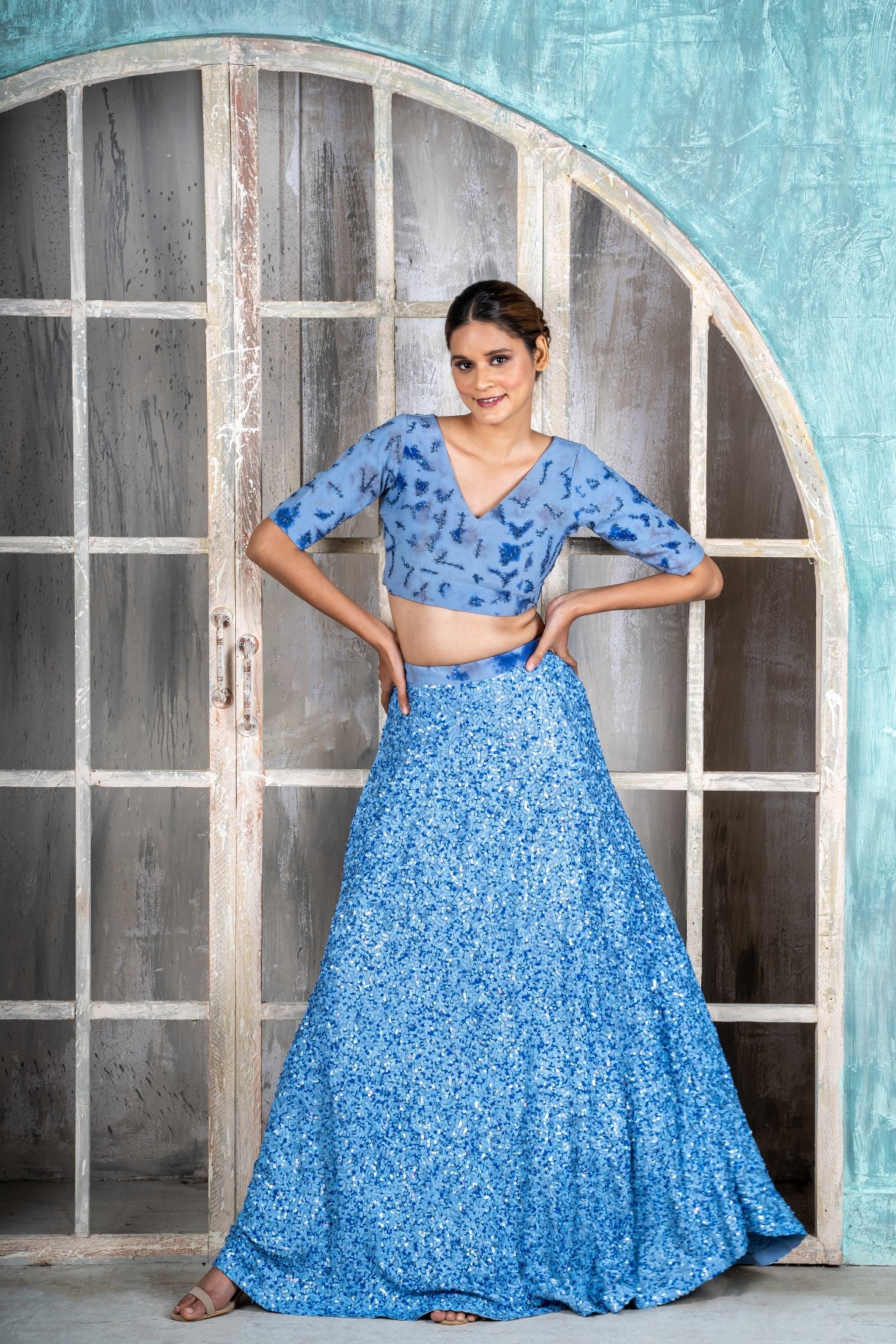 Batik Print Hand Embroidered Sequins Lehenga Set