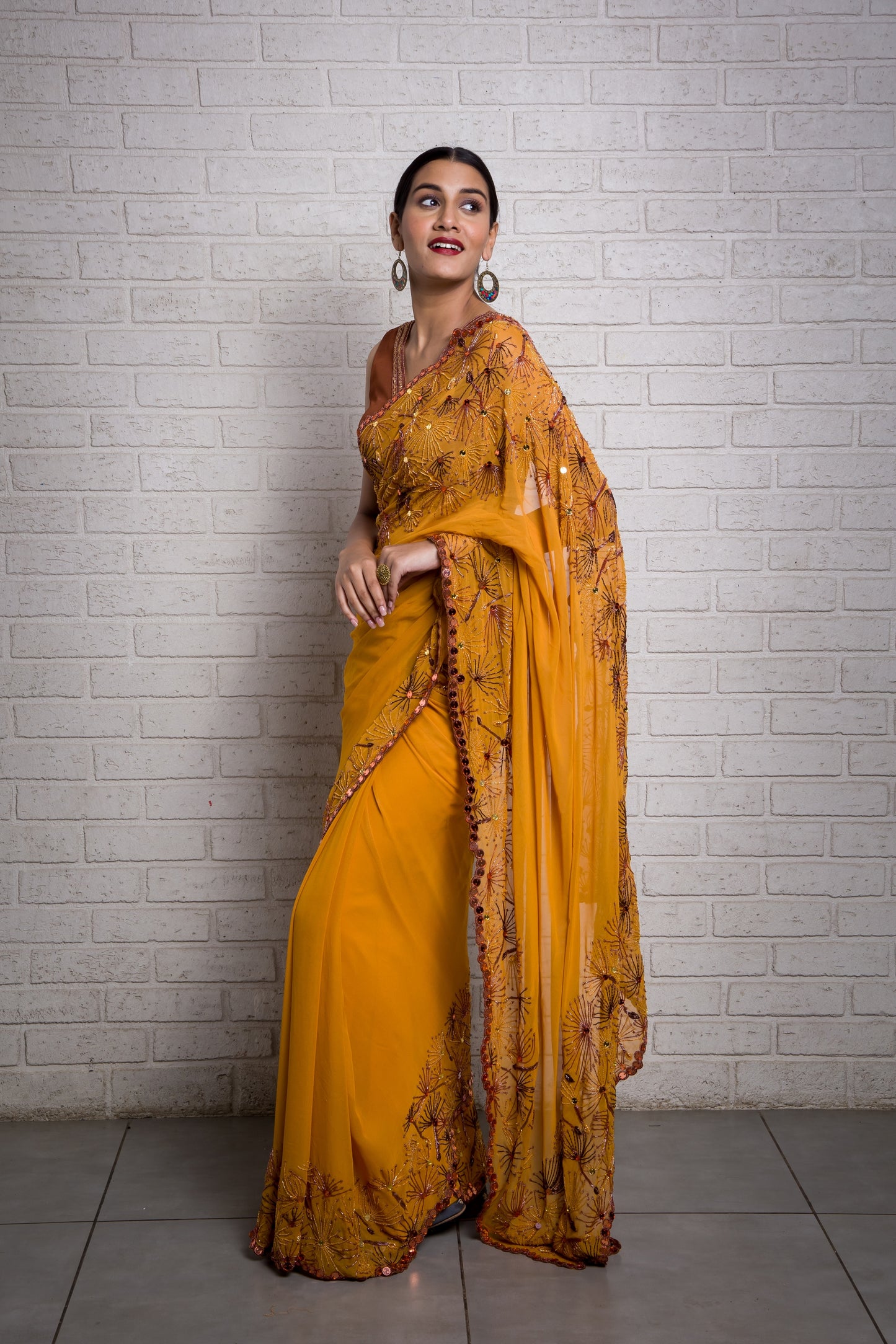 Playful Dandelion Hand Embroidered Saree With Blouse